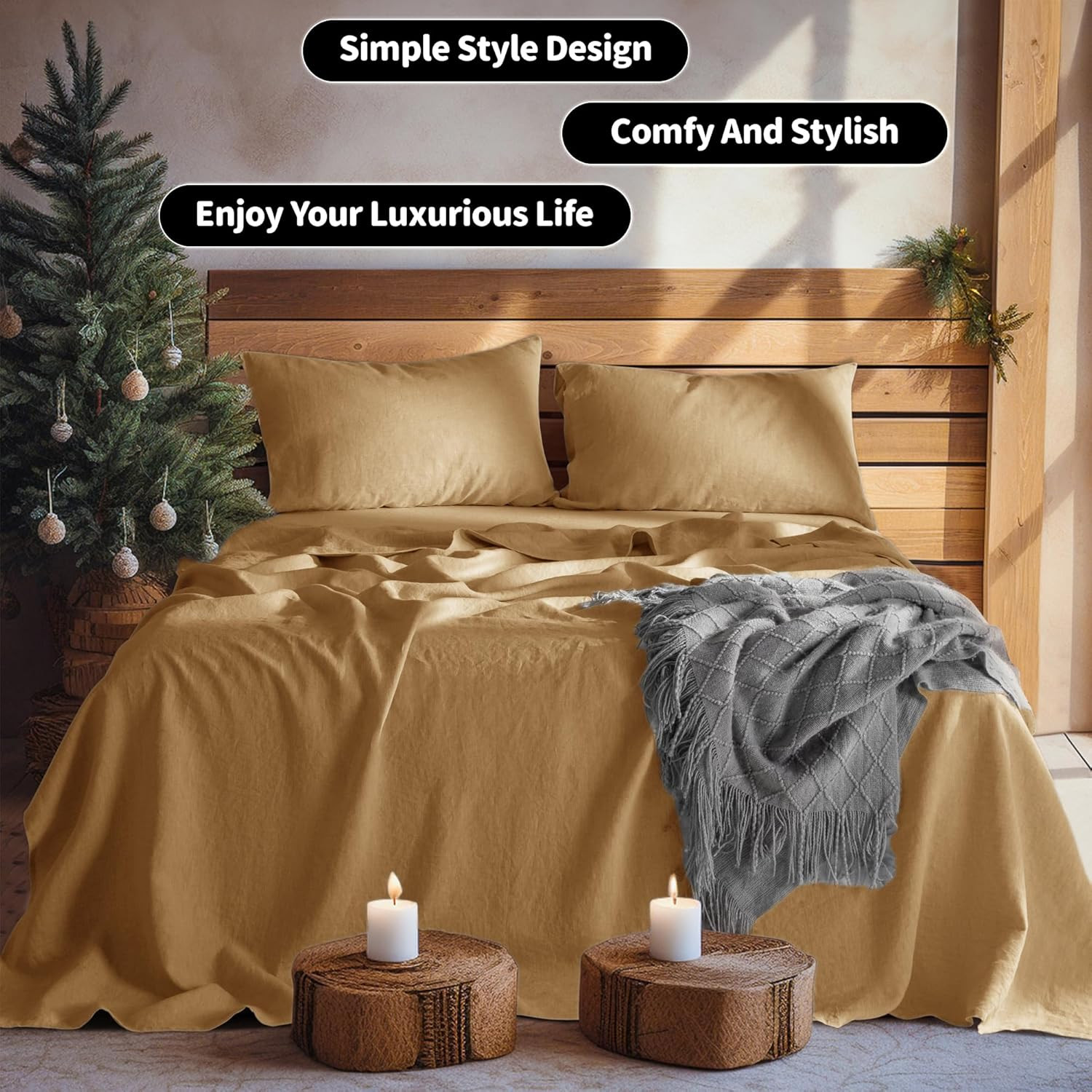 LBR02M 100% Linen Sheet Set King Size,Bed Sheets 4 Piece Sets,Solid Color Natura