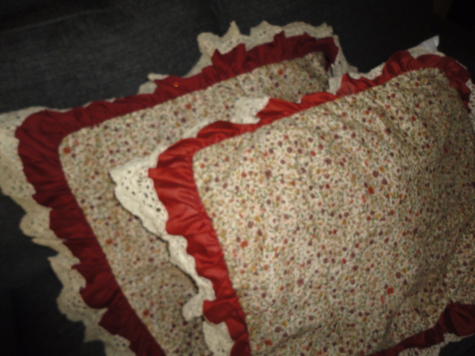CROCHETED RUFFLED LACE BURNT ORANGE CREAM FLORAL (2) STANDARD PILLOW SHAMS