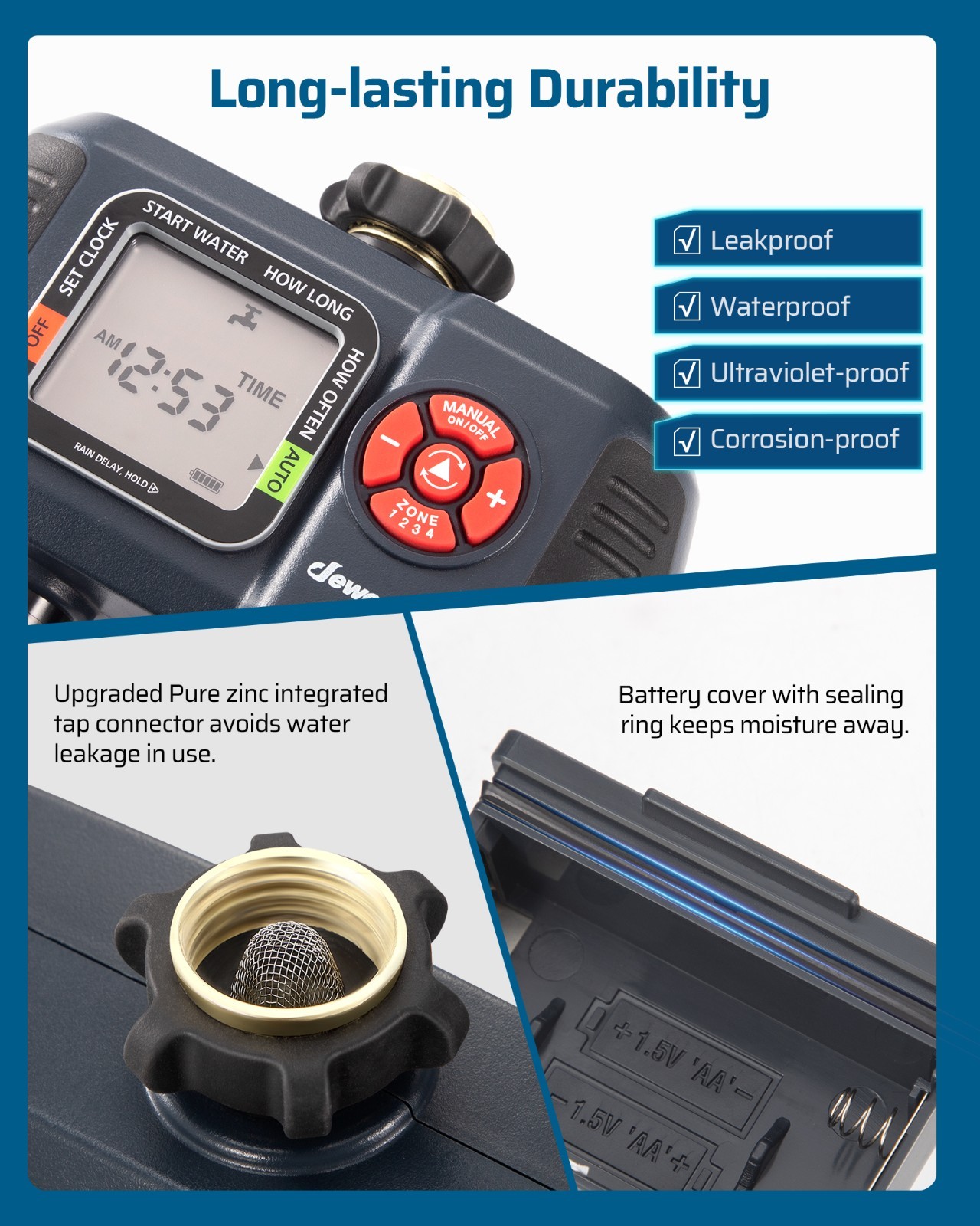 Sprinkler Timer 4 Zone Outdoor, Programmable Water Timer with Rain Delay Manual