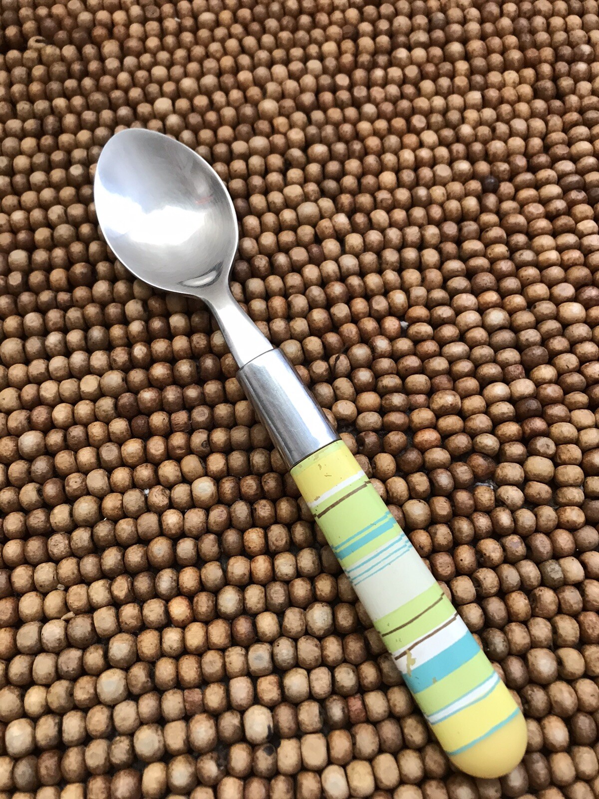 Unbranded Stainless Plastic Yellow Turquoise Brown Stripes TEASPOON 6.5”