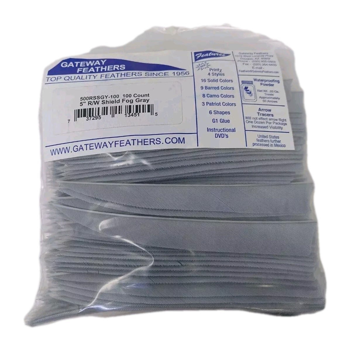 100 Pack Gateway Feathers 5" Right Wing: Shield Fog Gray 500RSSGY-100