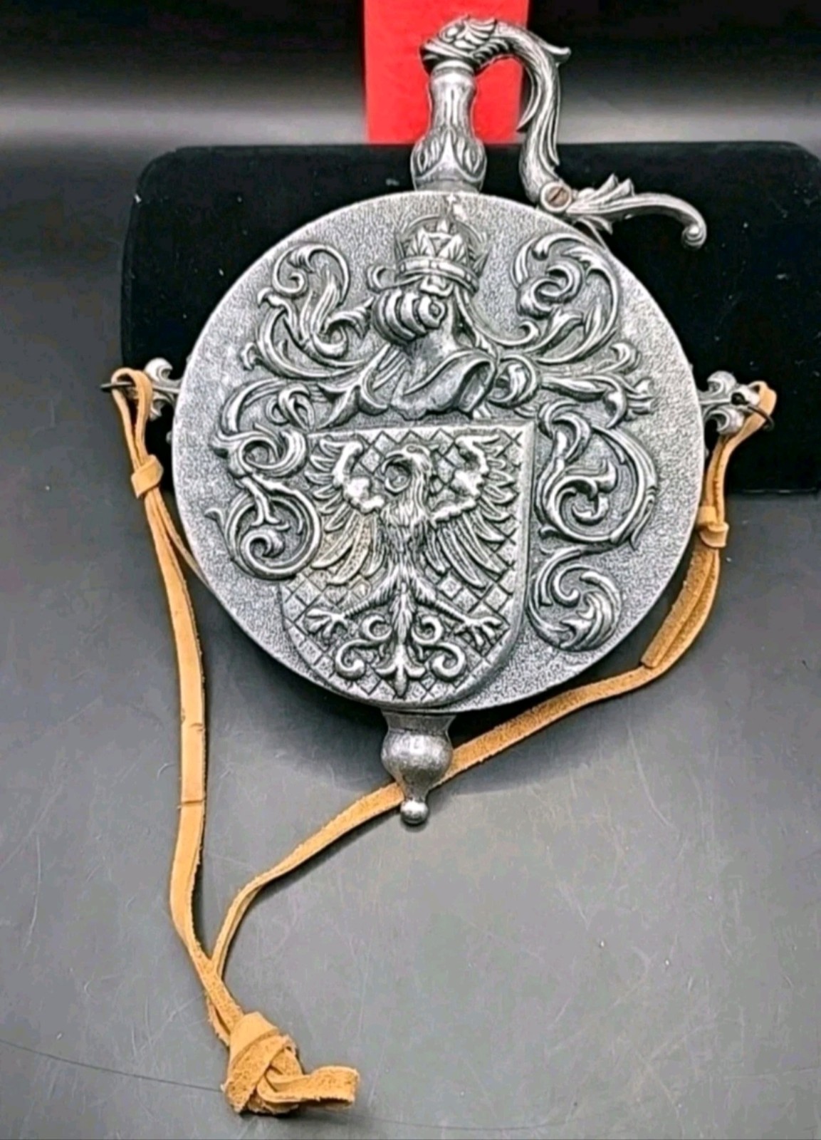 Ornate Pewter Gun Powder Flask with Coat of Arms Knight Eagle Lion Motif Vintage
