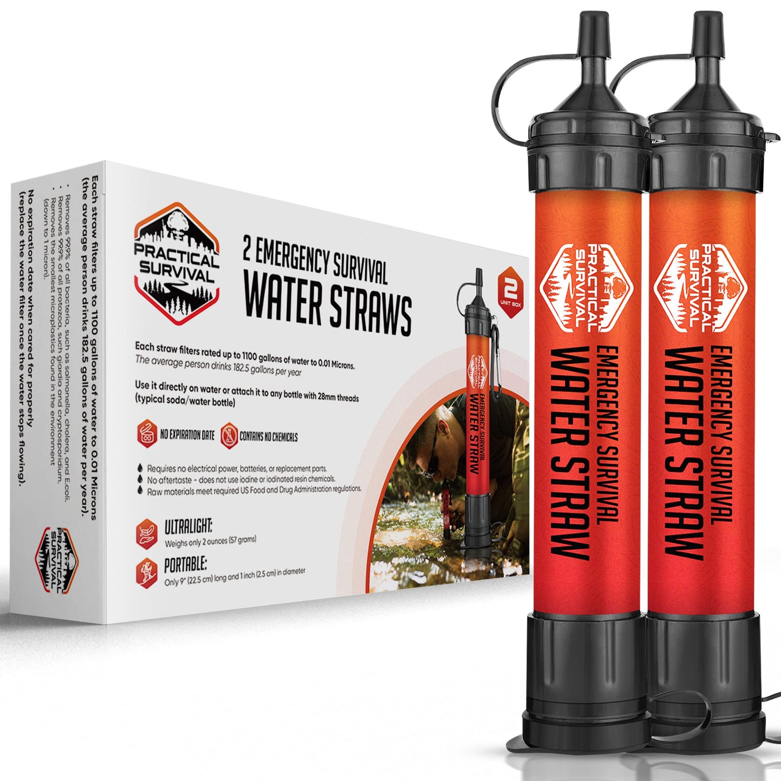 2 Emergency Water Filter Straws – Lightweight, Reusable, 1800-Gallon Capacity