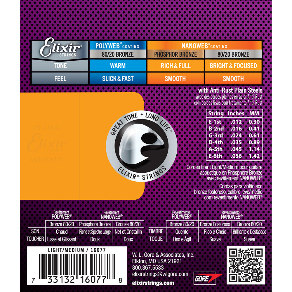 Elixir Phosphor Bronze Nanoweb Light-Medium 12-56 16077 Acoustic Guitar Strings