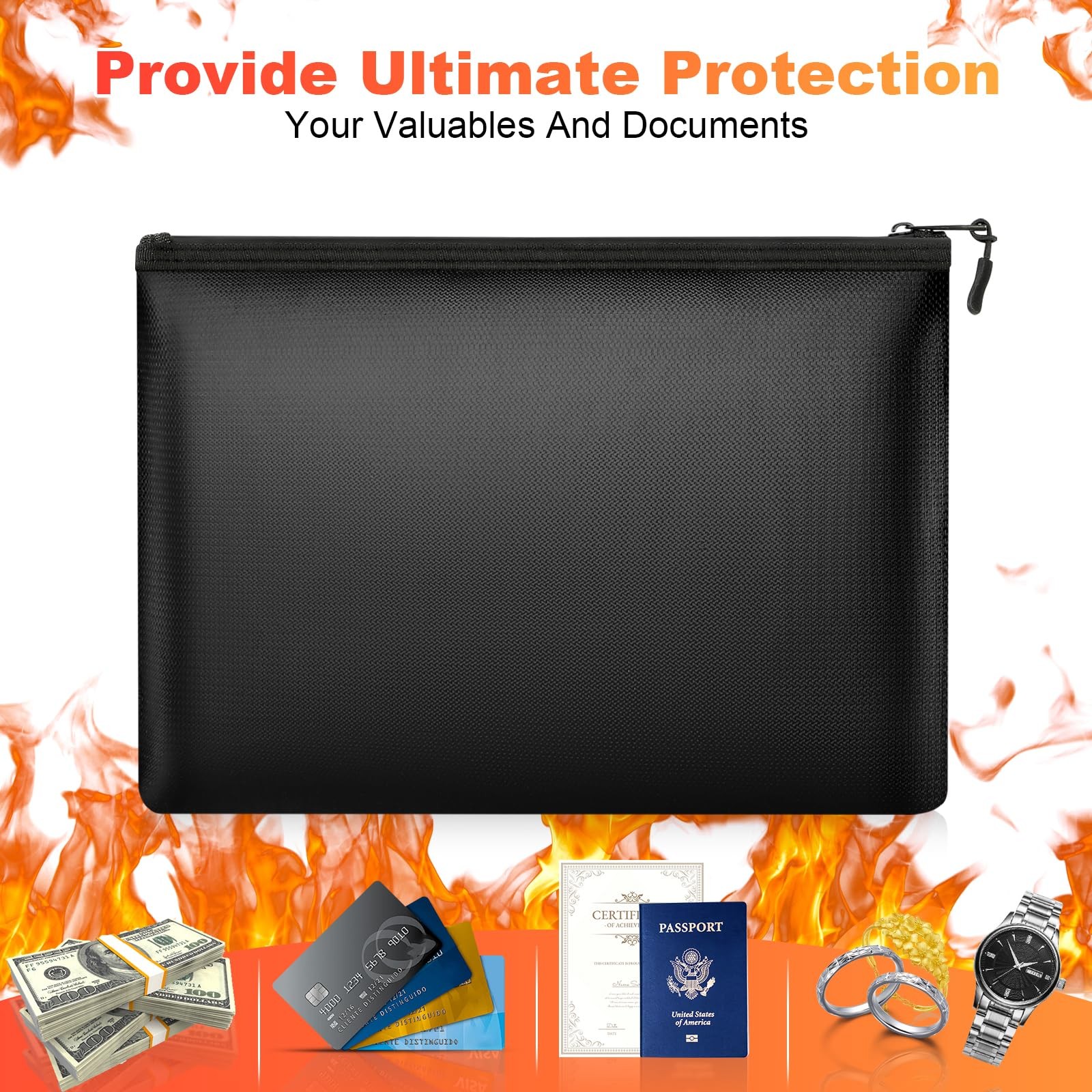 Fireproof Money Bag set 13.5x10 In Waterproof Document Security Black