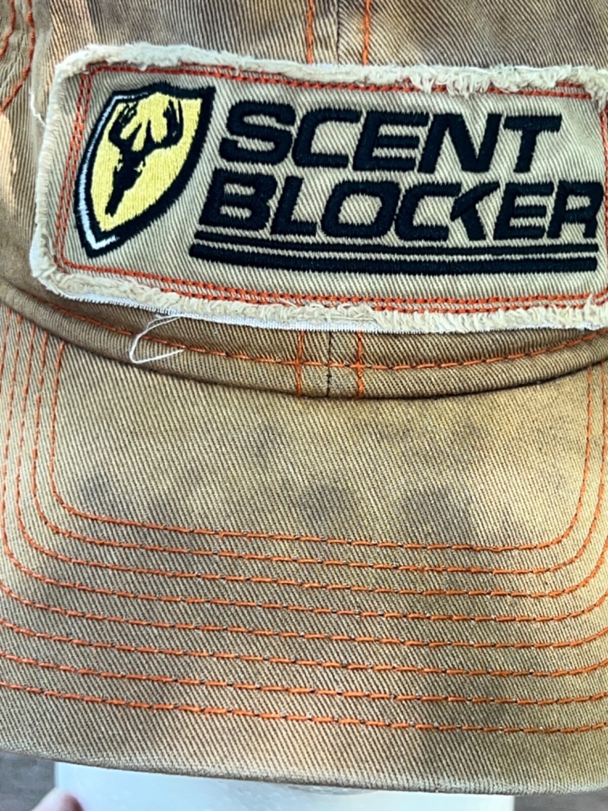 Scent Blocker Logo Patch Gold/Orange Hat Cap Strap Buckle Distressed Good Cond.