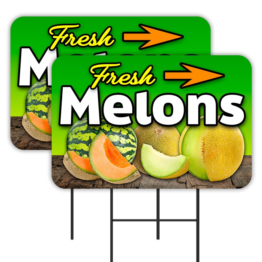 Fresh Melons 2 Pack Double-Sided Yard Signs 16" x 24" with Metal Stakes (Made in