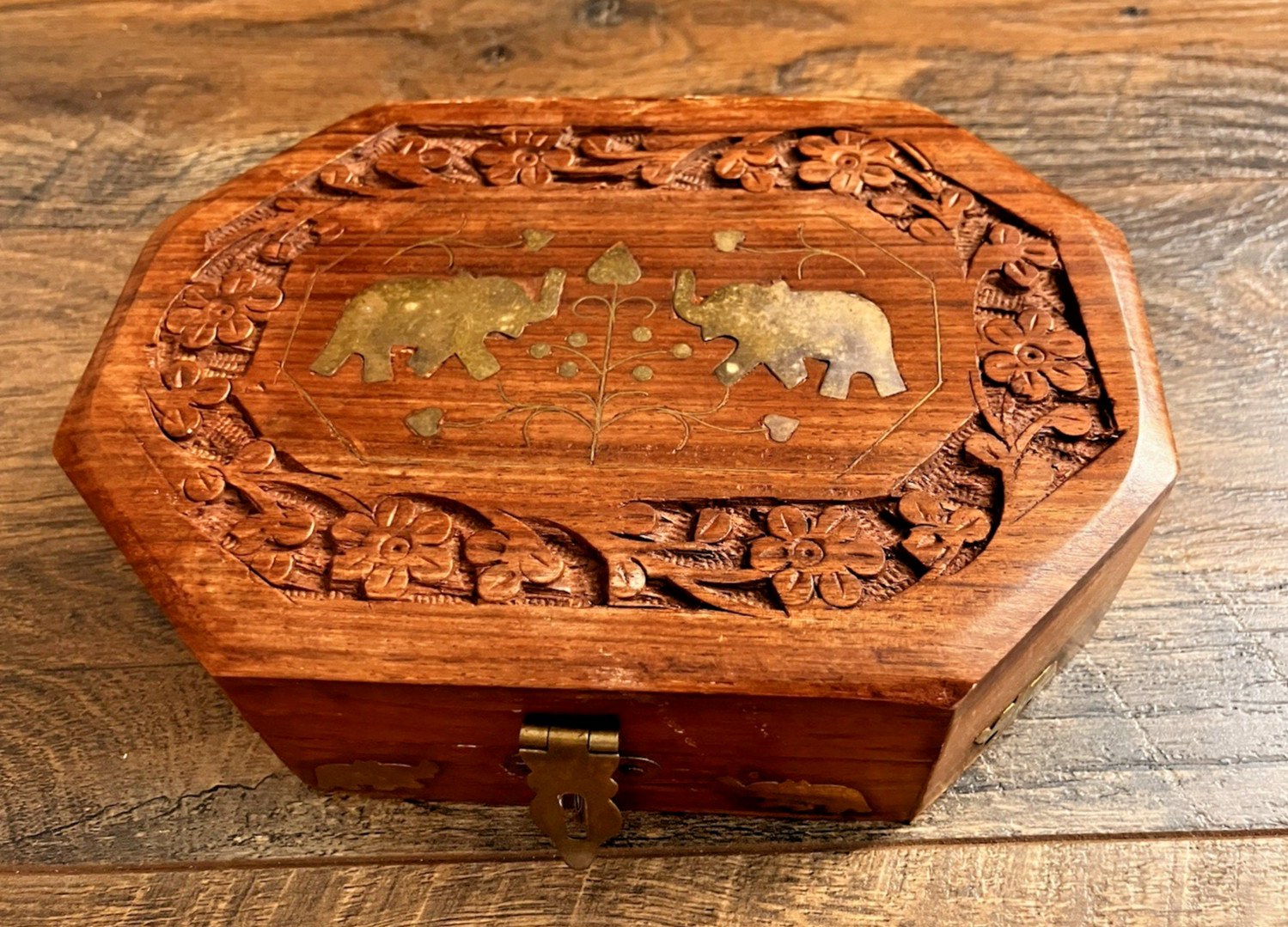 Octagonal Carved Wood Trinket Box Inlaid Brass Elephants