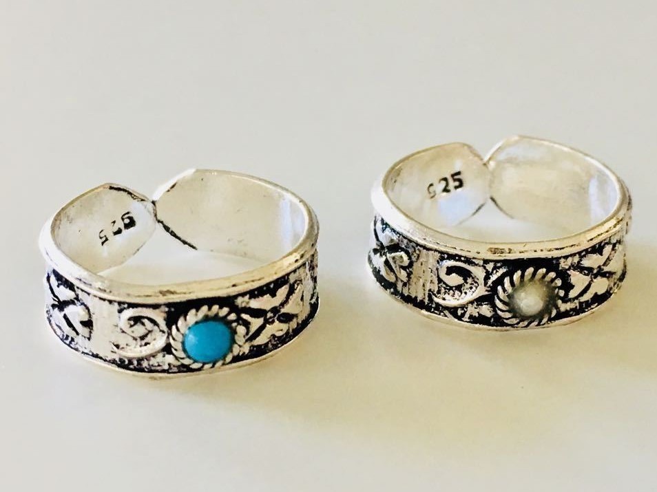 925 Sterling Silver Toe Ring Gemstone Heart Love Swirl Pattern Stone Adjustable