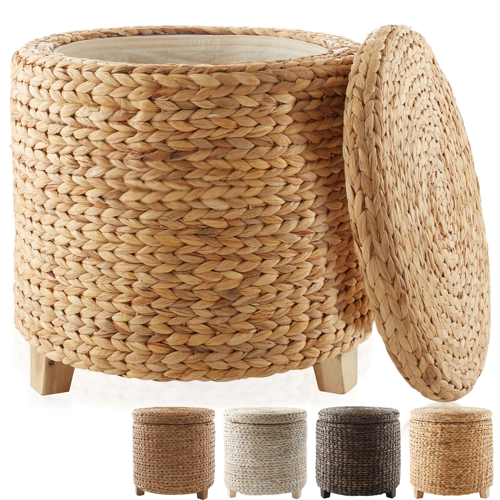 Round Storage Ottoman Footrest, Woven Hyacinth Wicker Footstool Basket w Lid