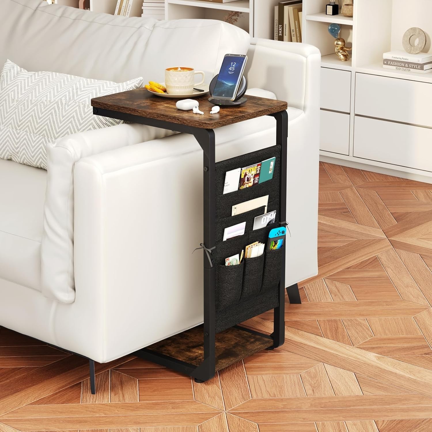 Narrow C-Shaped End Table W/ Storage Bag Small Couch Side Table Sofa TV Tray
