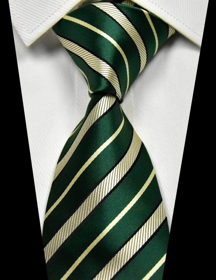 New Stripes Dark Green Beige 100% Silk Men's Tie Fashion Necktie 3.15''(8CM)