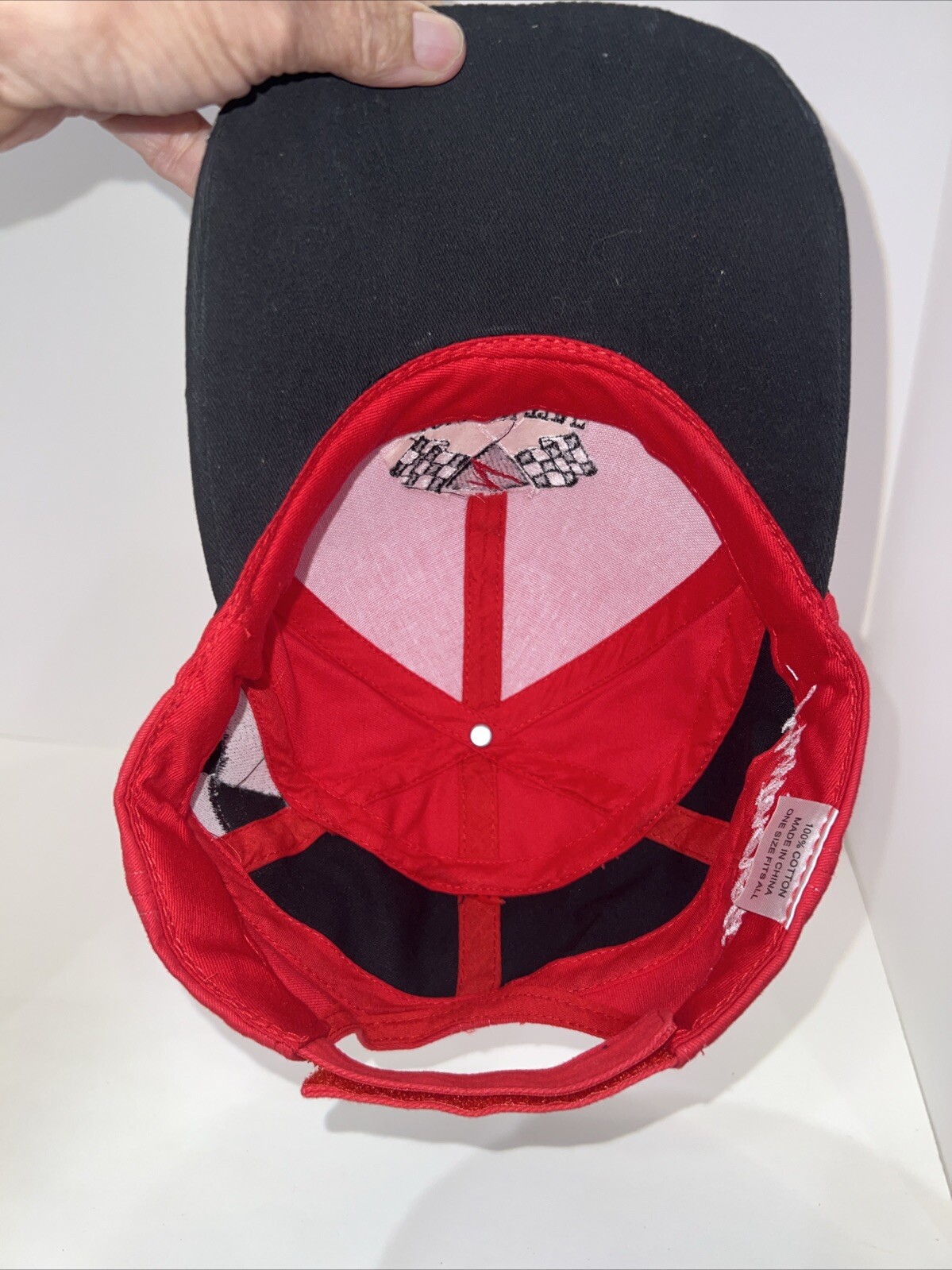 Zolman Tire Checkered Flags & Bill Accents Red Black Hat Cap Hook Loop EUC