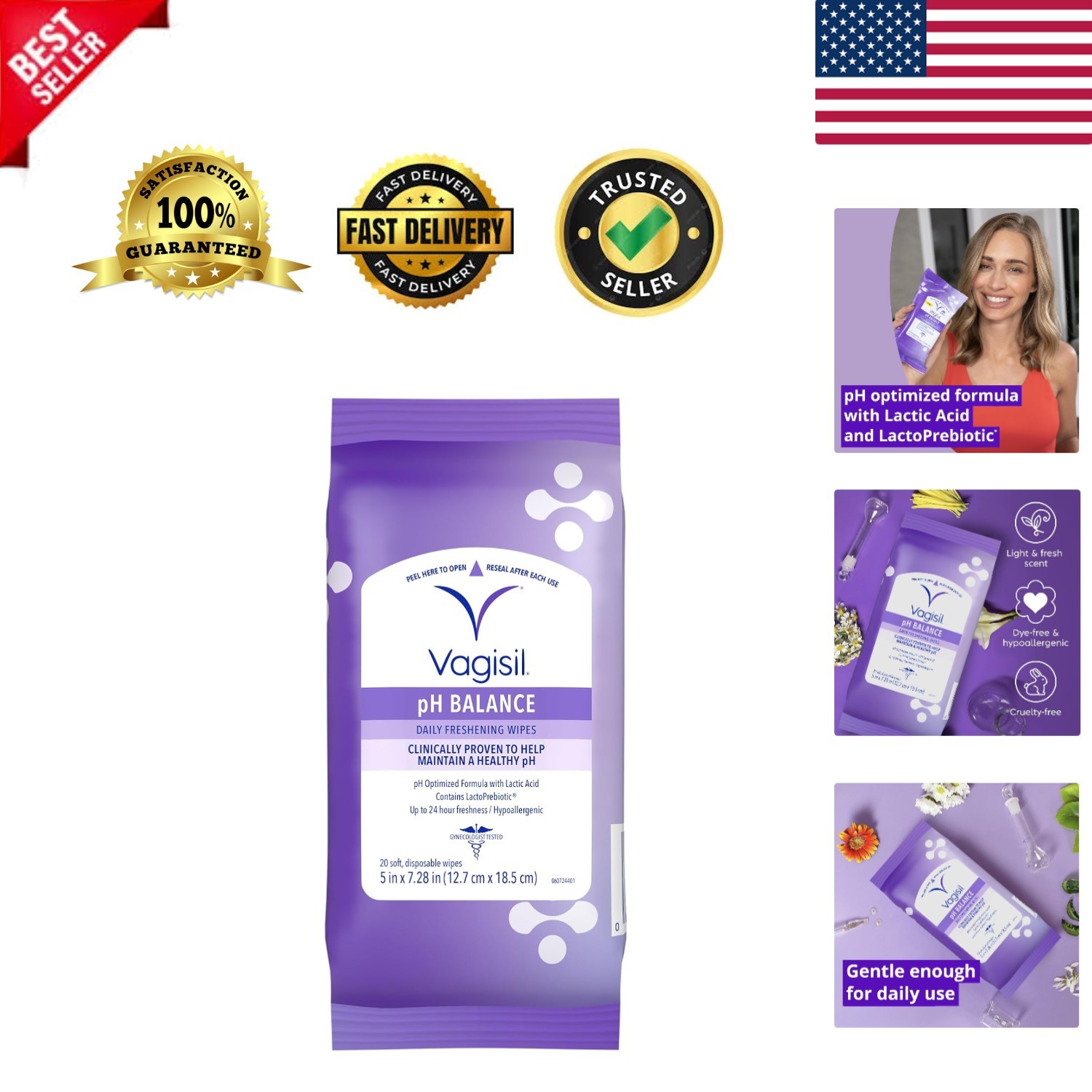pH Balance Daily Freshening Wipes for Feminine Hygiene in Resealable Pouch, G...