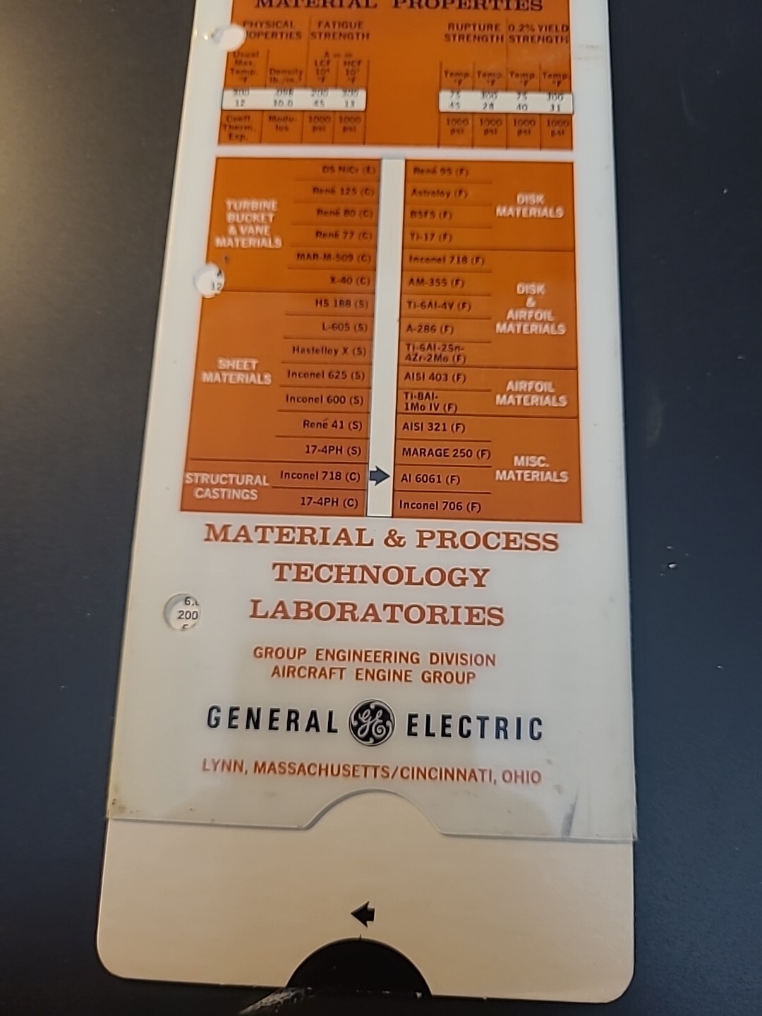 General Electric Aircraft Engine mlmaterial Properties Card 1974