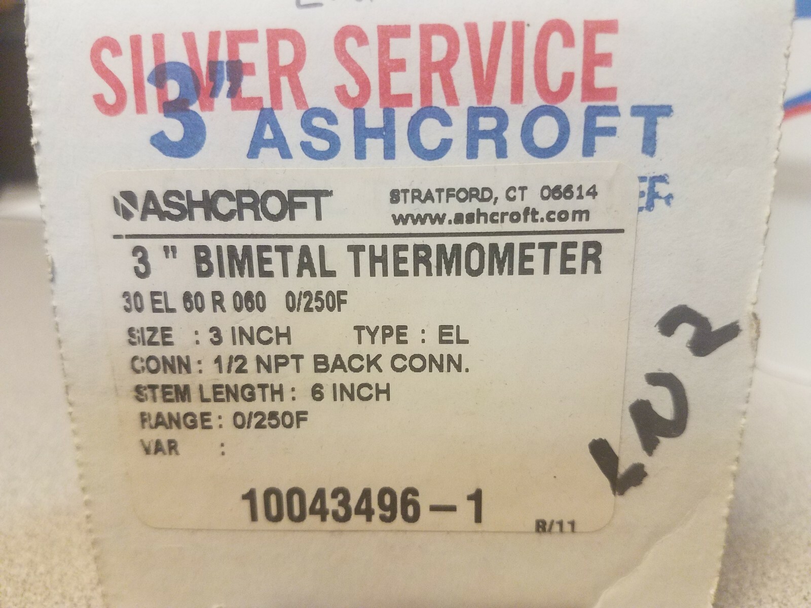 3" ASHCROFT BIMETAL THERMOMETER, 6" STEM NEW IN BOX 10043496-1 0-250F