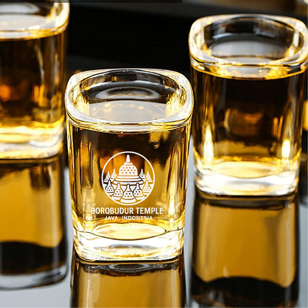 Custom Engraved Borobudur Temple Java Indonesia Shot Glass – 2.2 oz Square Shot