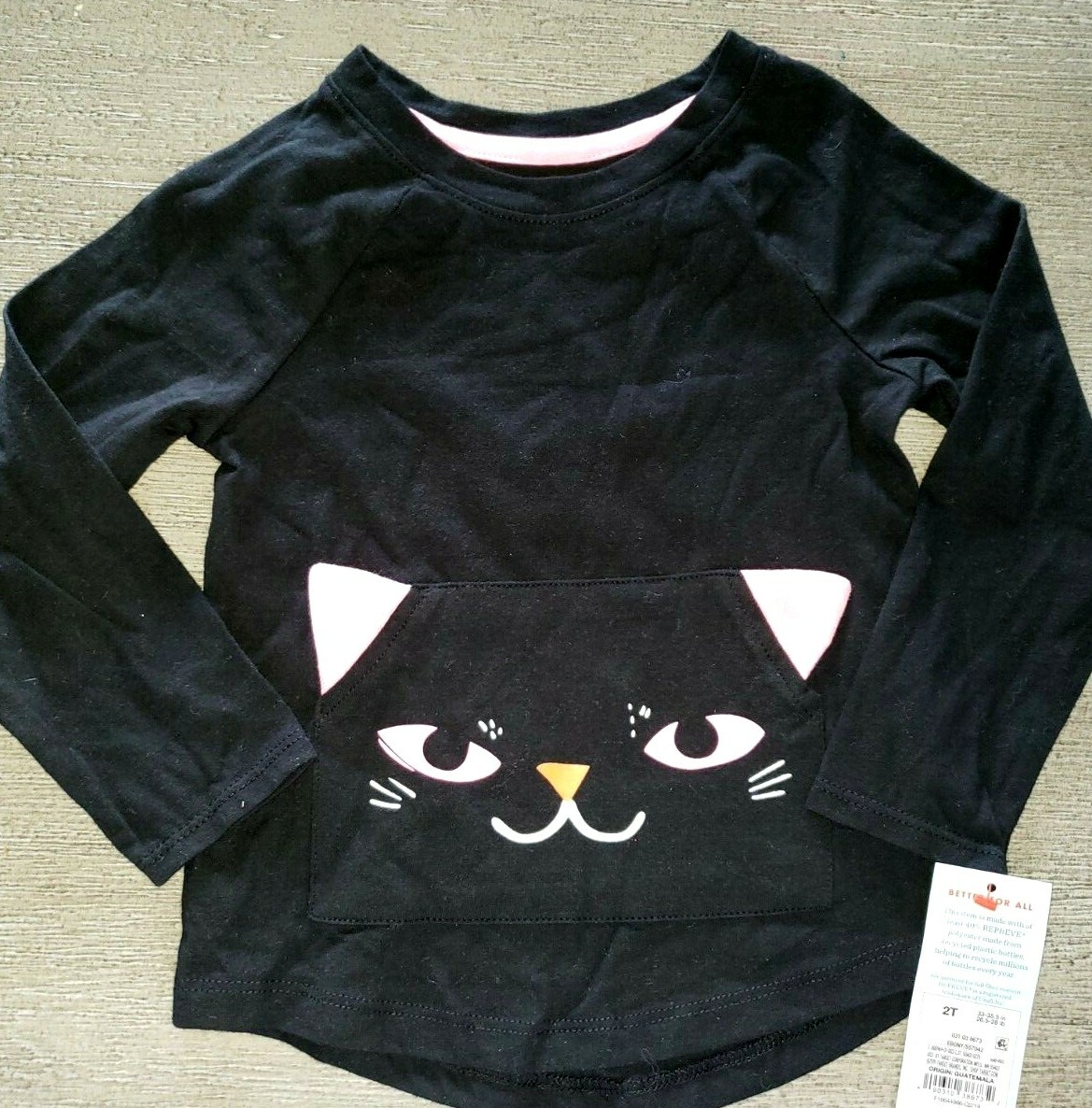 NEW NWT black TOP SHIRT HALLOWEEN wear cat pink face size 2T TRIM LONG SLEEVES c