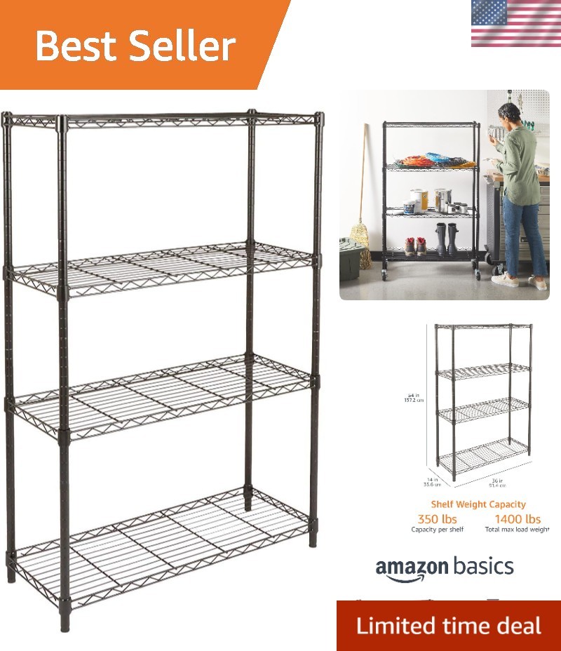 Sturdy 4-Tier Wire Storage Rack with Adjustable Shelves - Easy Assembly, Black