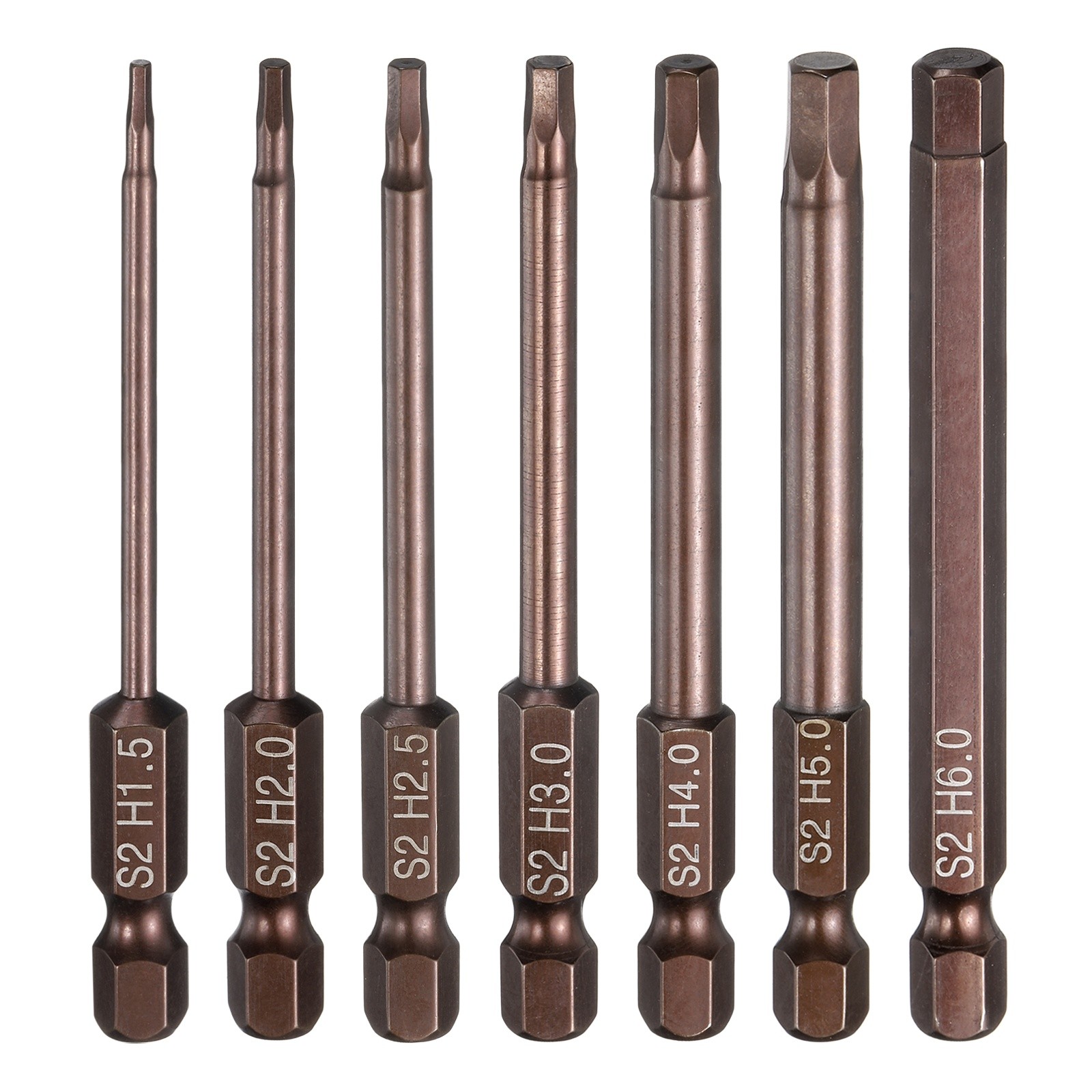 7pcs Flat Hex Screwdriver Bit H1.5-H6 Magnetic 1/4" Shank 3" Long Copper Tone