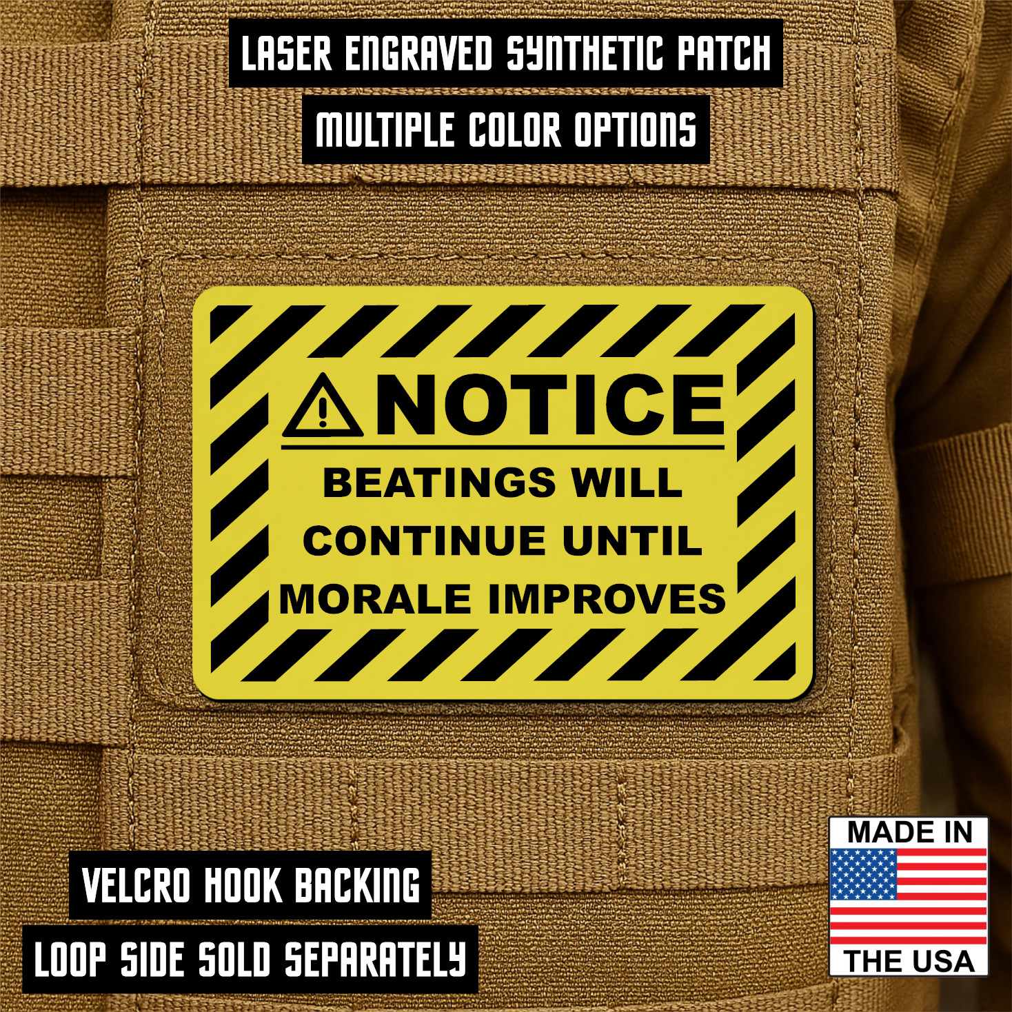 The Beatings Will Continue Funny Morale Patch 2"x3" Hook & Loop - Laser Engraved