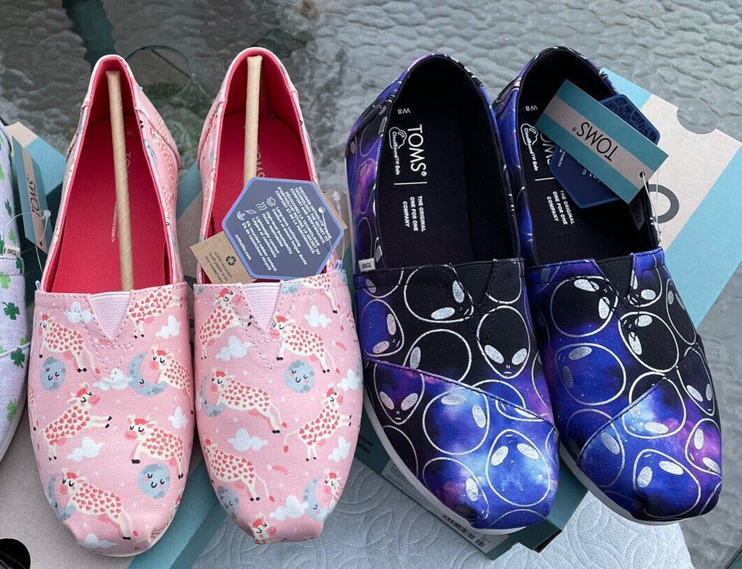 TOMS shoes Alpargatas 8, 9.5 Foil Alien, pink Blossom Cow Jumped over the Moon