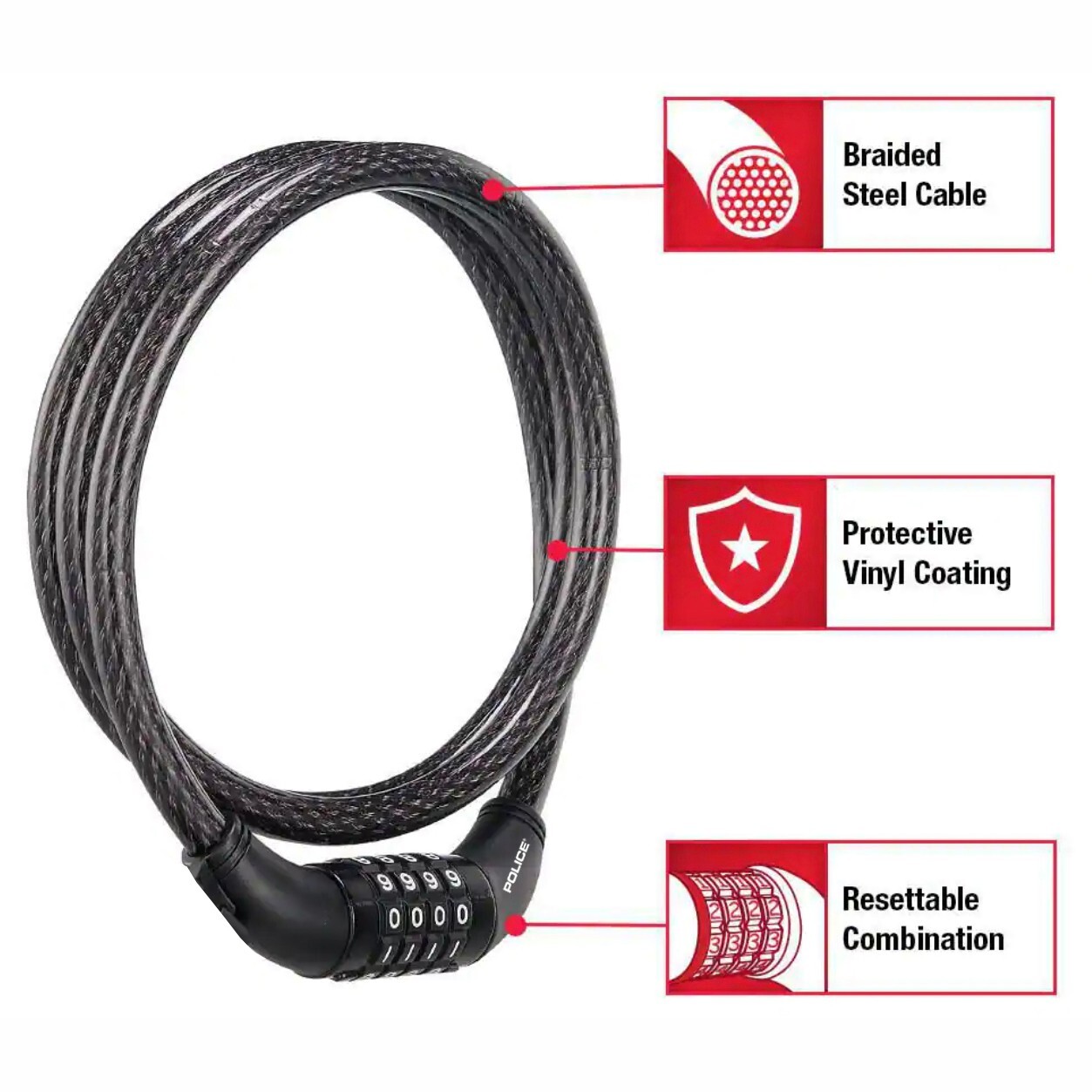 POLICE Cable Lock Combination Bicycle Bike Scooter Keyless Cable Lock - 5ft