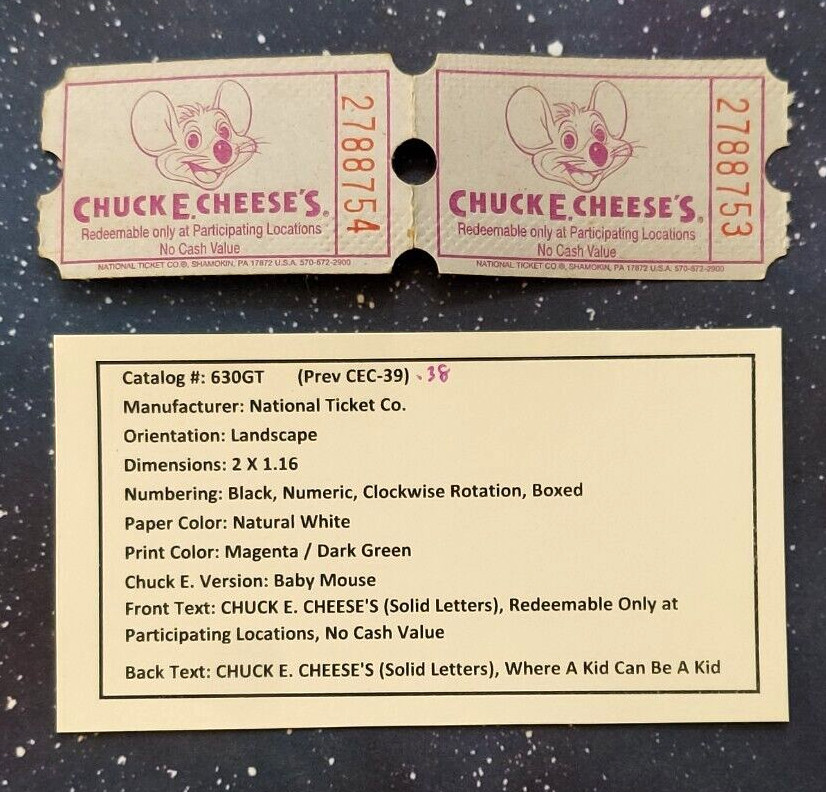 2-CONNECTED- CHUCK E CHEESE PRIZE TICKET- MAGENTA-DARK GREEN-VG -CATALOG #630GT