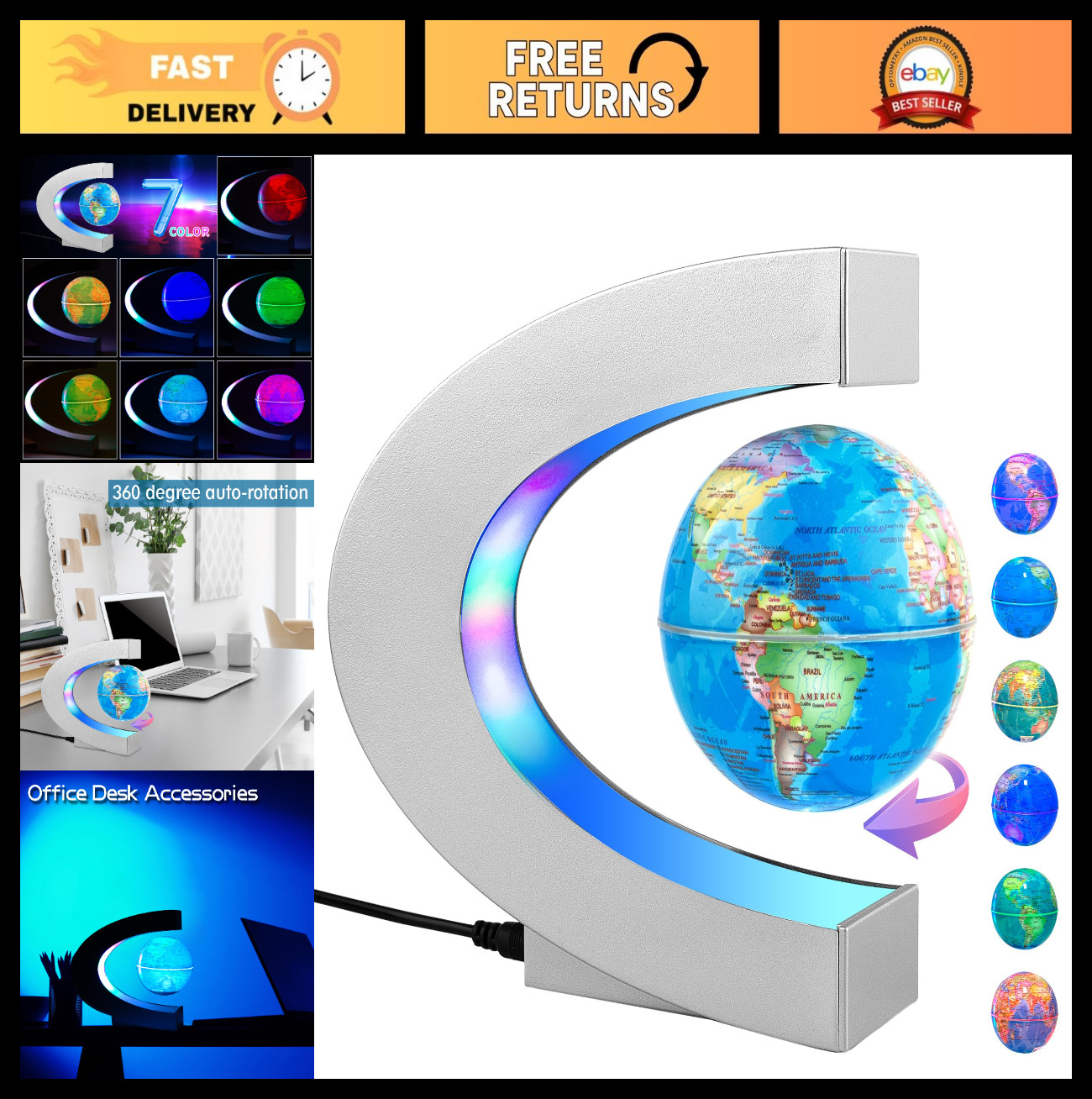 Magnetic Levitating Globe with LED Light - Cool Tech Gift for Kids & Adults, Off