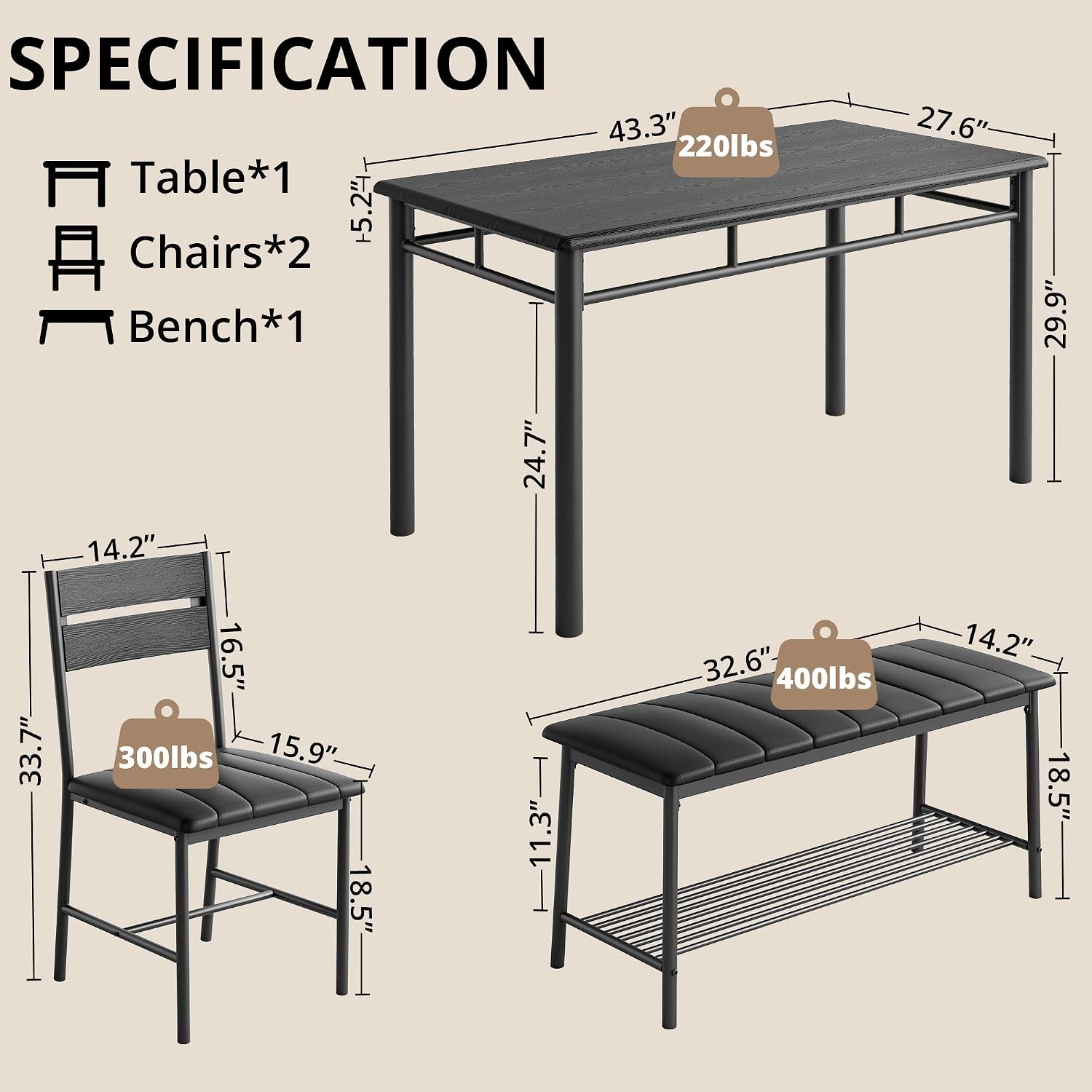 Dining Table Set for 4, Kitchen Table with Upholstered Bench and 2 Chairs,