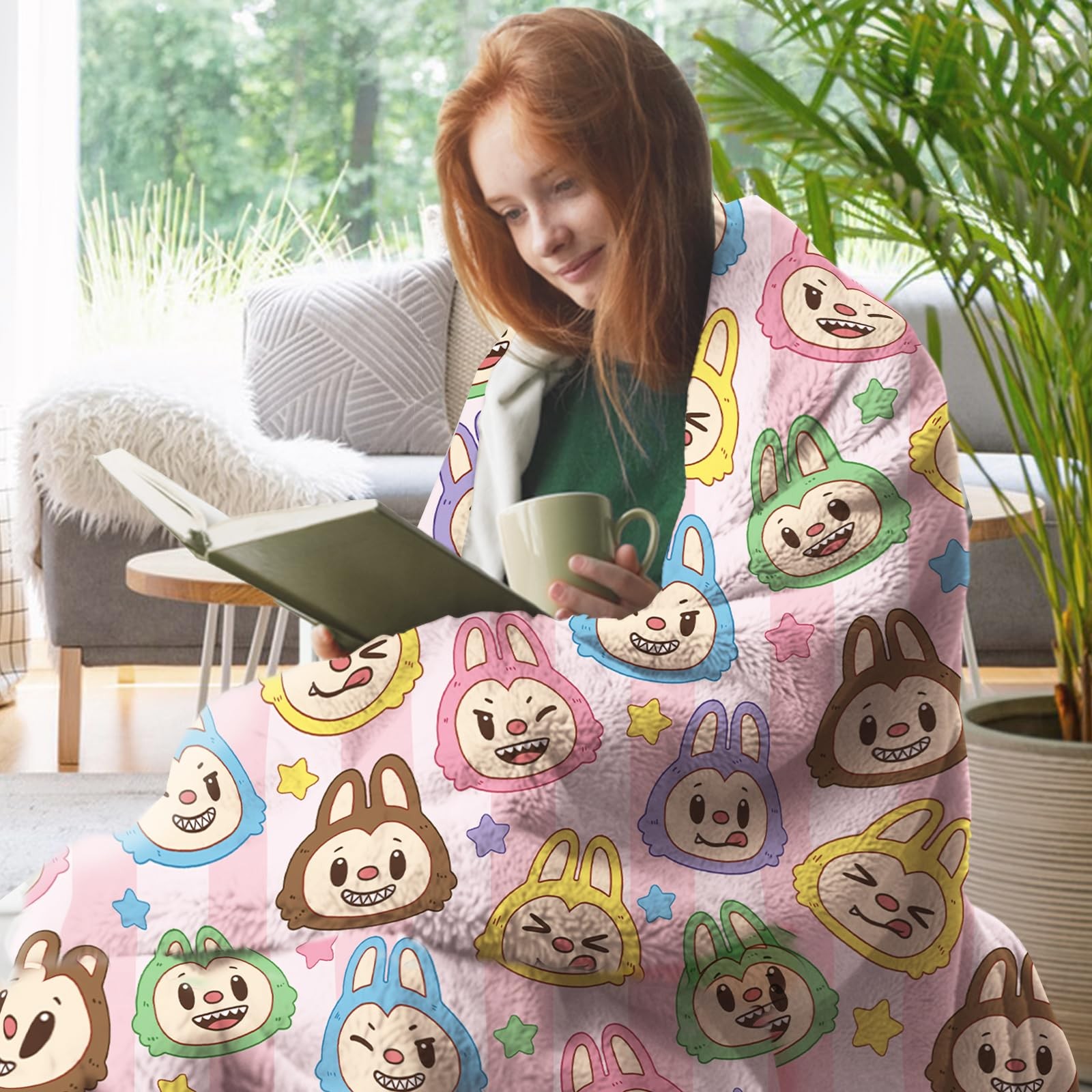 Cute Macaron Flannel Throw Blanket, Monster Stars Birthday Gifts for Men Wome...