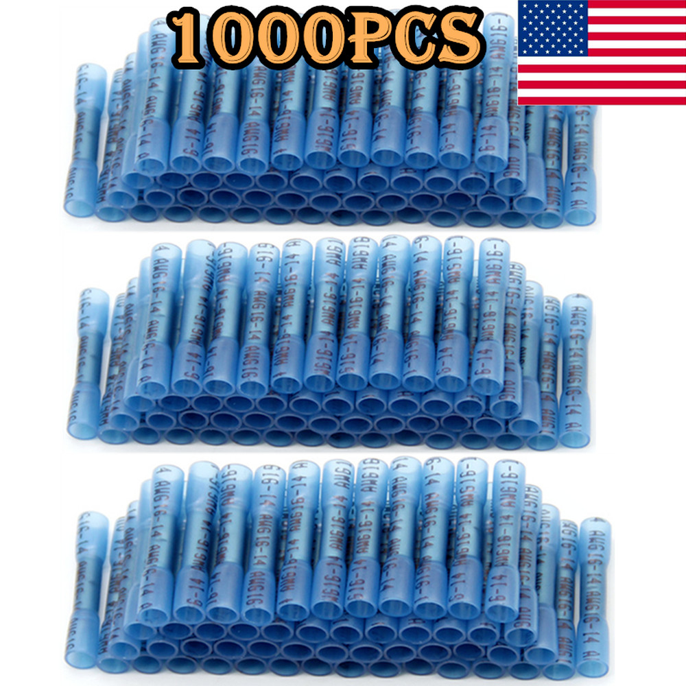 1000pcs Blue AWG Heat Shrink Butt Wire Connectors Crimp Terminals 14-16 Gauge US
