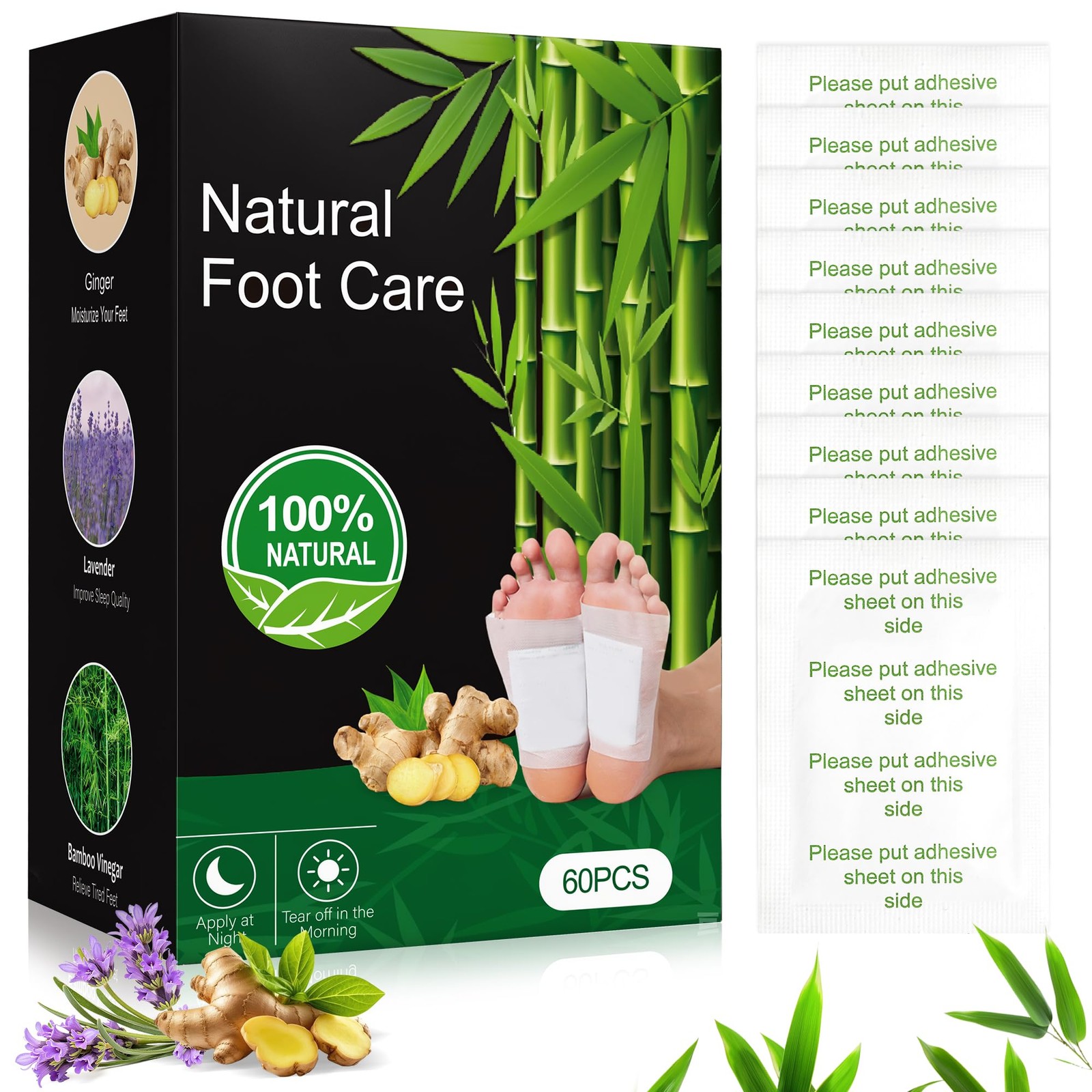 60 Pack Bamboo Foot Pads with Adhesive Sheets - Natural Vinegar White