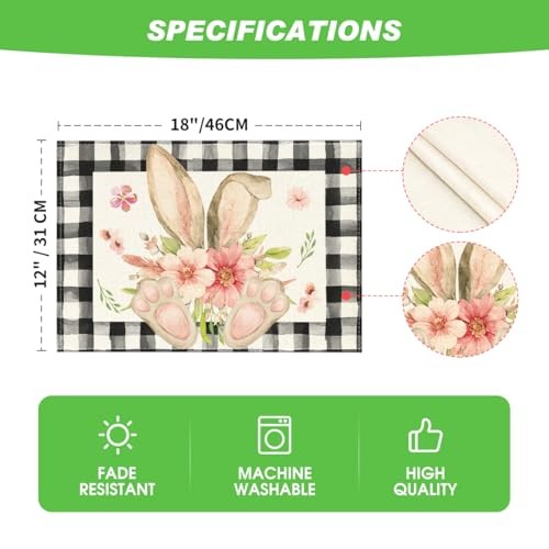 Buffalo Plaid Bunny Ear Foot Flower Easter 12" x 18", Rectangular 4 Pcs Black