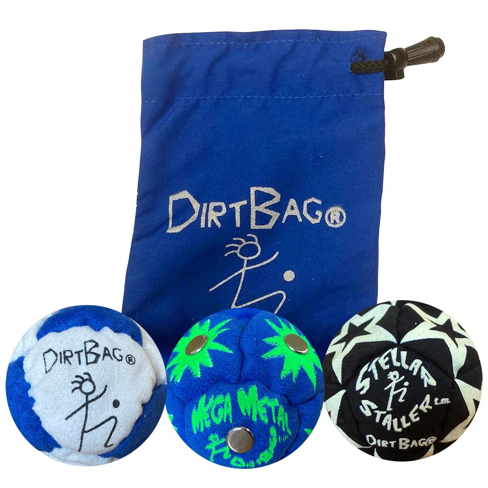 DirtBag Footbag Assorted Colors Fabric 3PCS - Black Blue White w/ Writing & Bag
