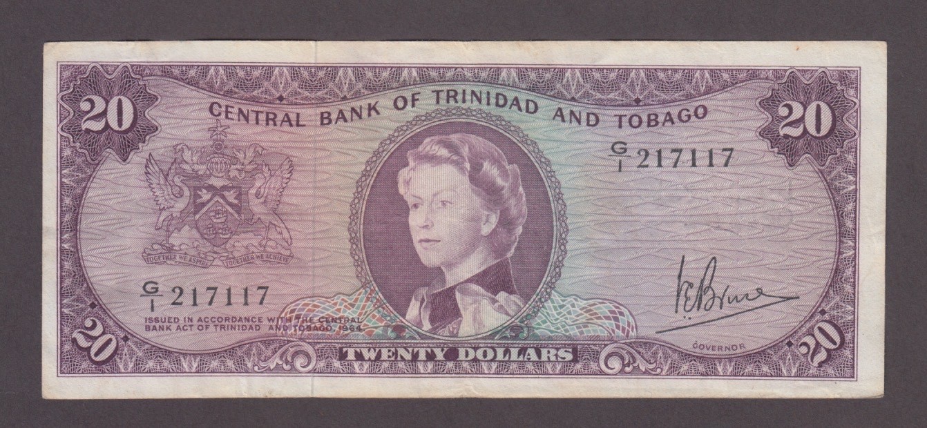 TRINIDAD AND TOBAGO P.29c-7117 20 DOLLARS SIG 3 PFX G/1 QE II  FINE +   2511