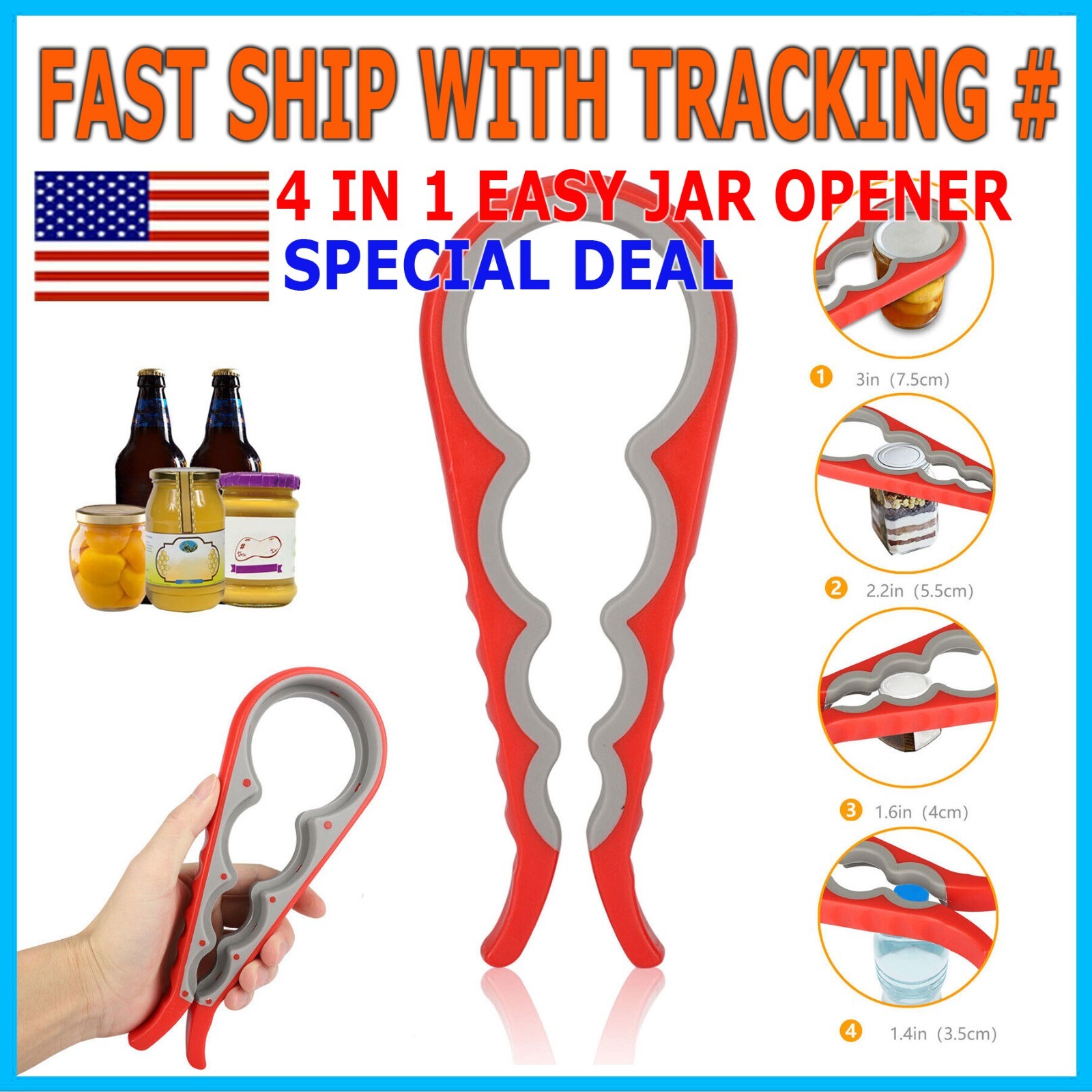 4 In 1 Jar Opener Rubber Quick Lid Bottle Cap Grip Twister Remover Kitchen Tool