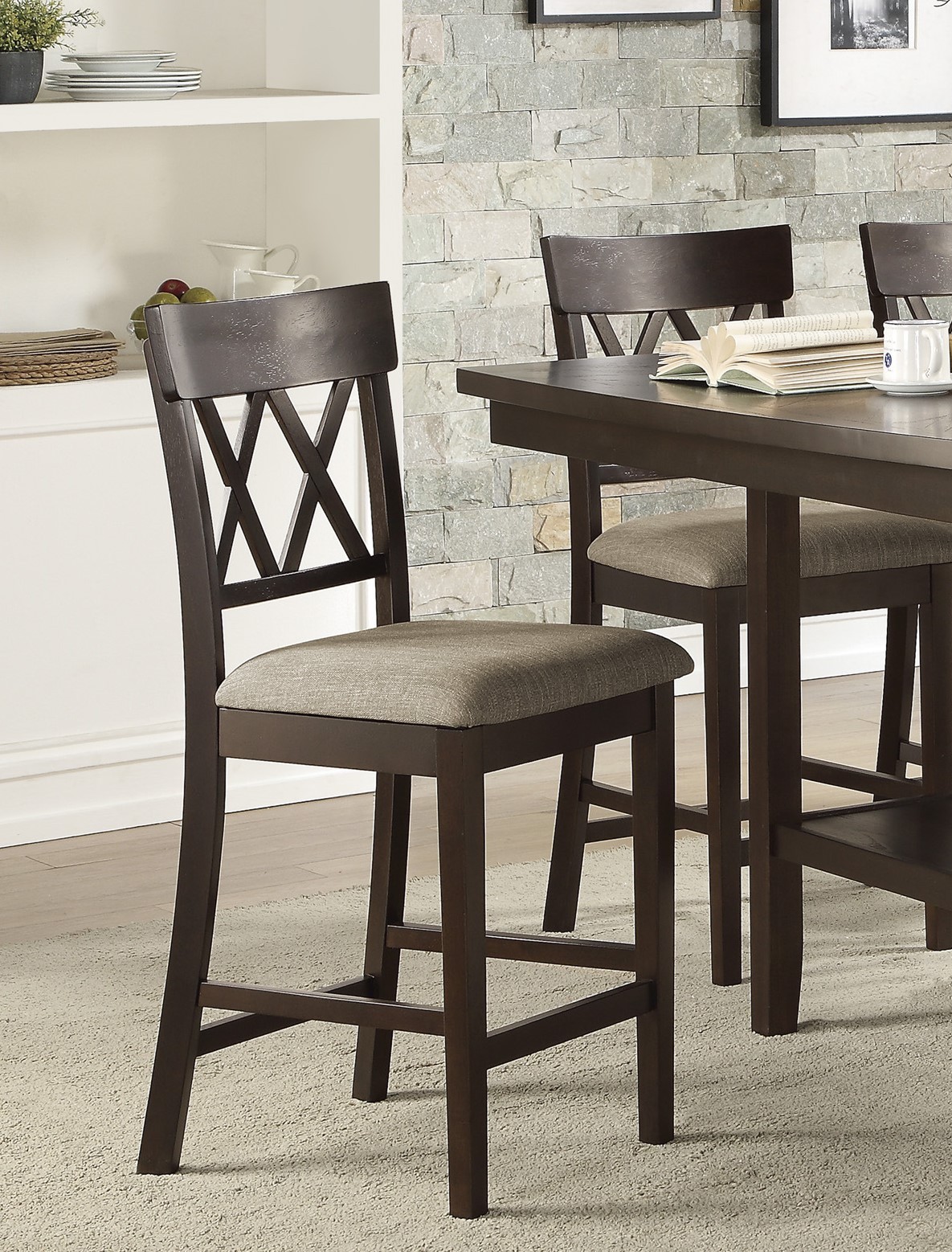 Dark Brown Finish Counter Height Table with Lazy Susan Lower Display Shelf and