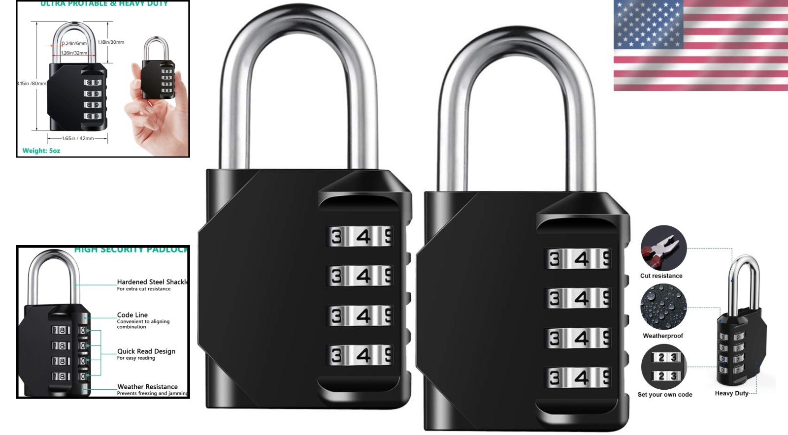 4-Digit Resettable Combo Lock Set: Heavy-Duty, Waterproof & Versatile - 2 Pack