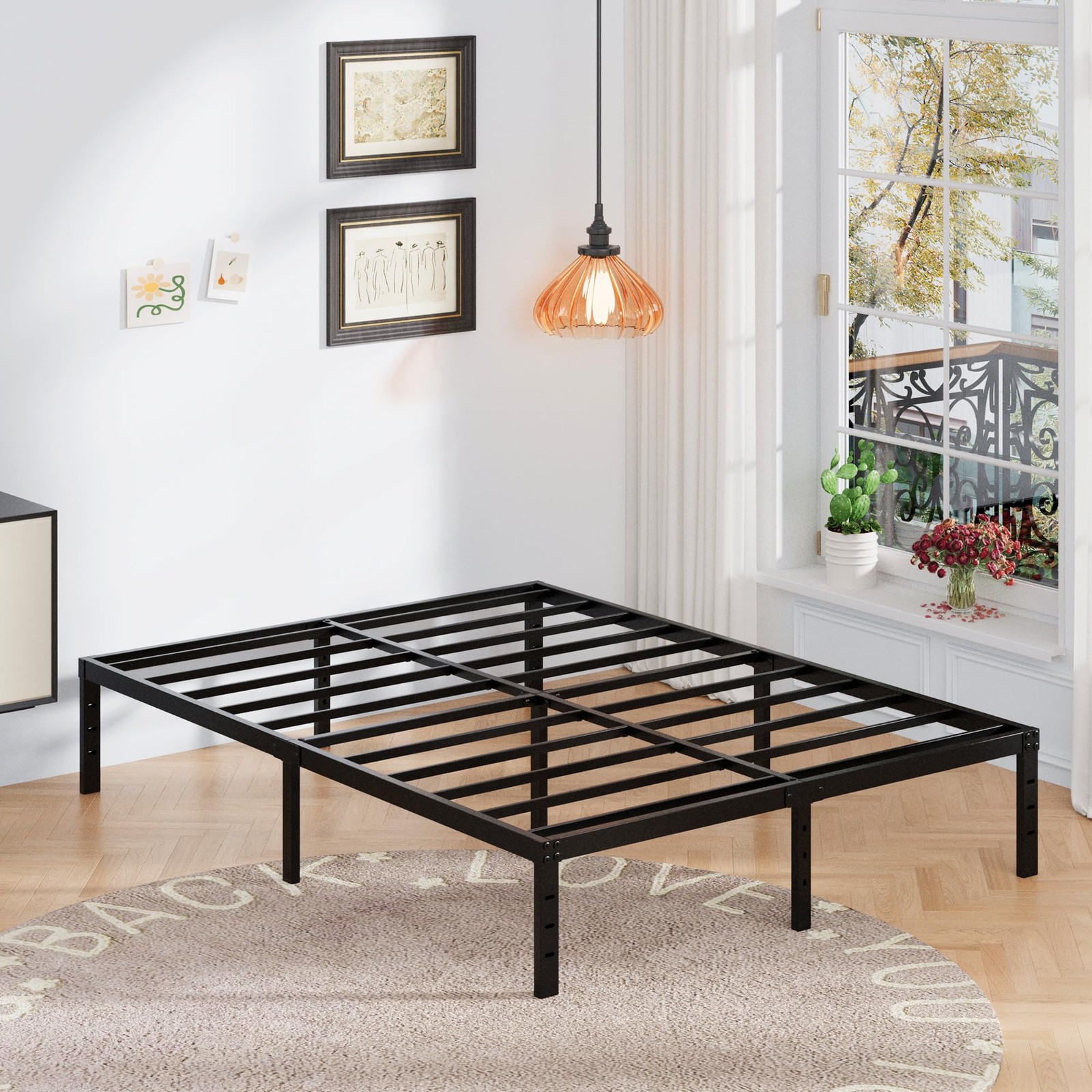 16 Inch Queen Bed Frame with White Skirt Cover, Metal Bed Frame Queen Size wi...
