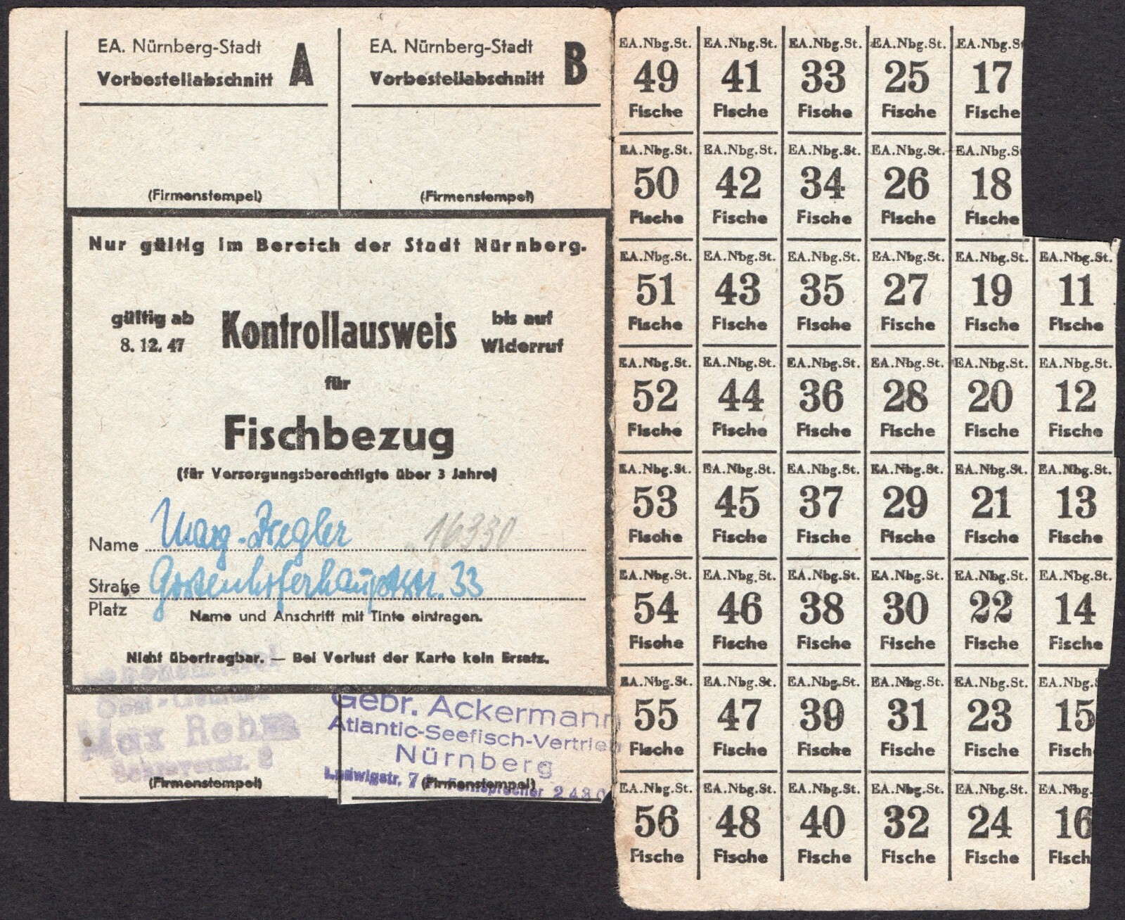 Kontrolausweis für Fischbezug - 1947 - Germany / Nuremberg  -"N67"