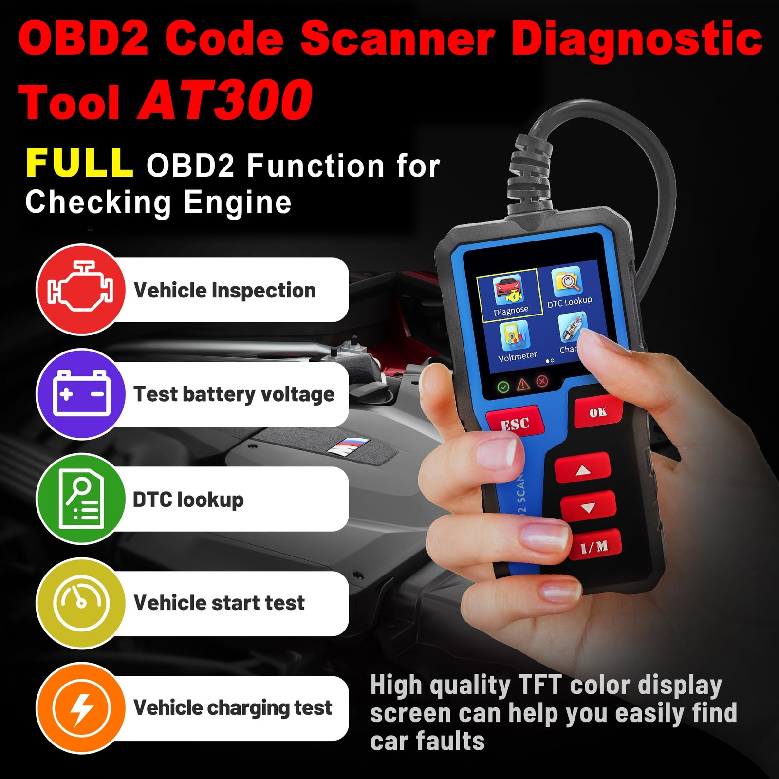 AT300 Car Code Reader Code Scanner Check Engine Fault for All OBDII Protocol