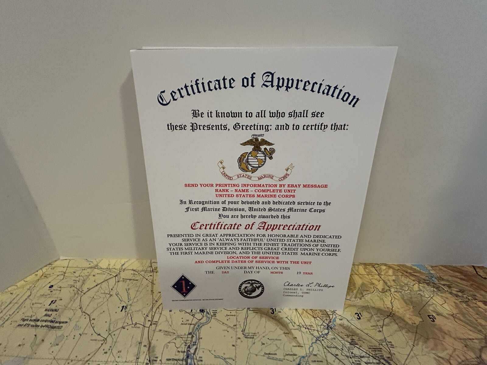 U.S. MARINE CORPS / 1ST MARINE DIVISION - CERTIFICATE OF APPRECIATION
