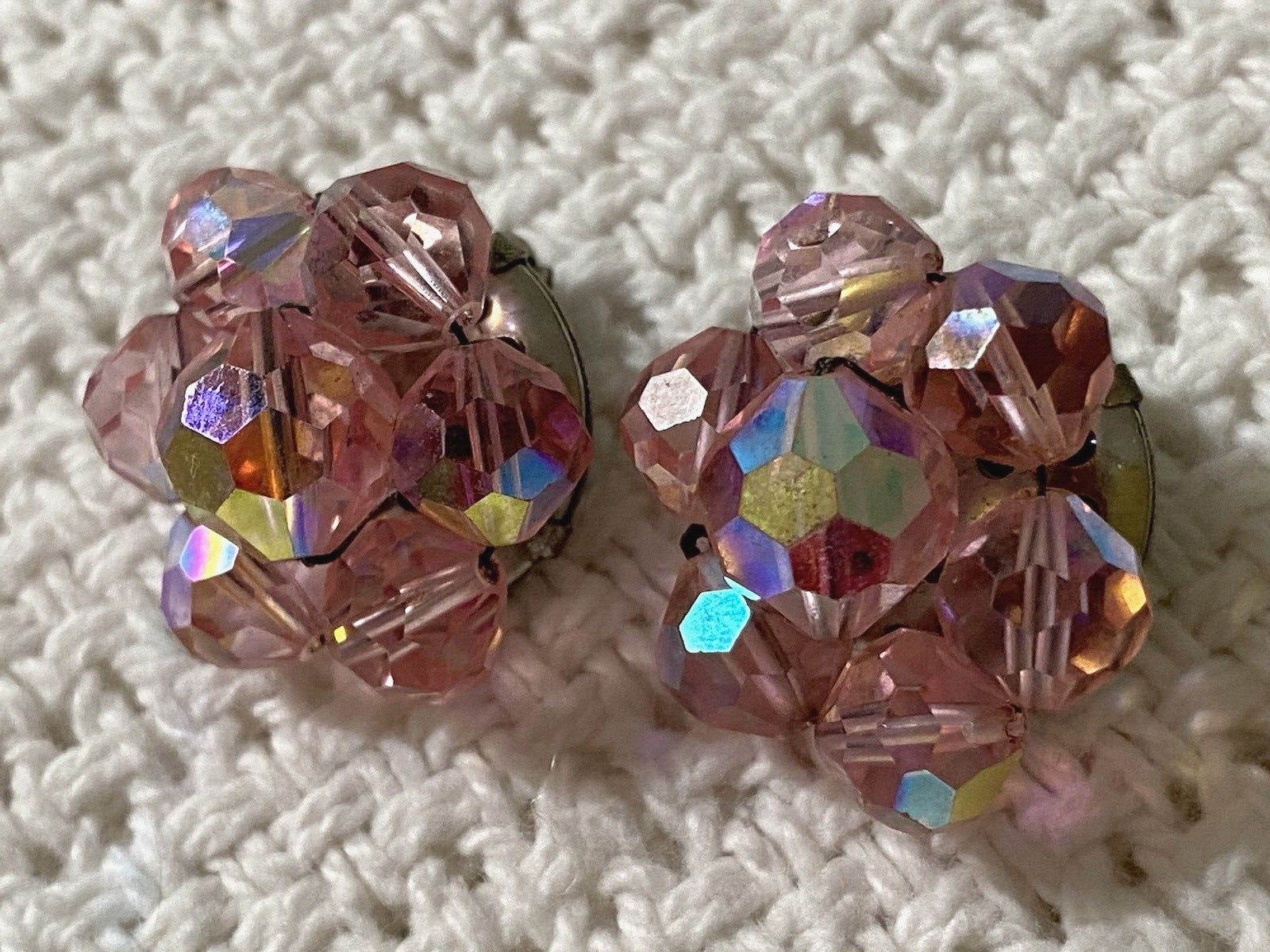 Vintage Pink Aurora Borealis Bead Cluster Earrings