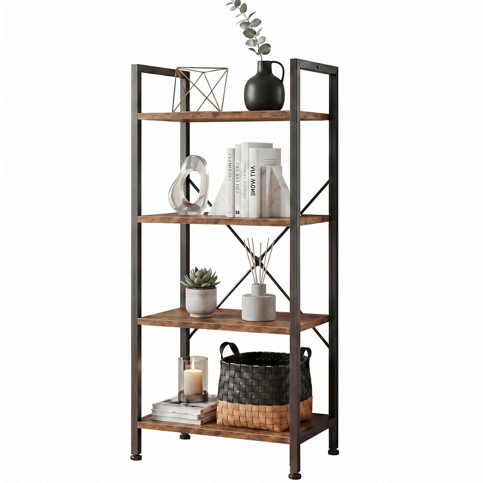 Bookshelf, 4-Tier Small Industrial Storage Shelf & Shelves, Metal Bookcase