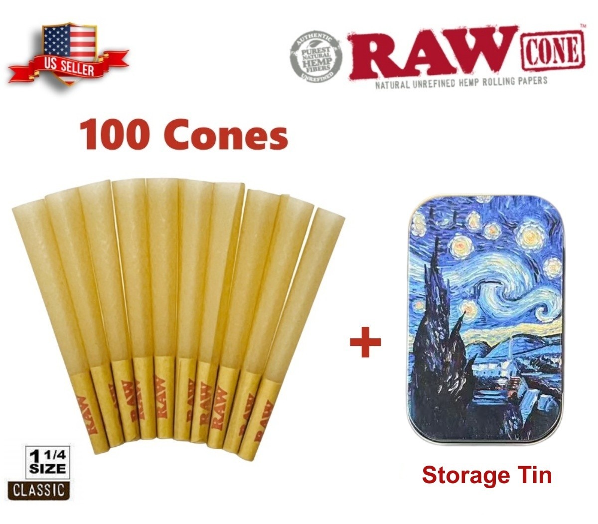 Authentic RAW Classic 1 1/4 Size Pre-Rolled Cones 100 Pack 🌟 RAW Storage Tin