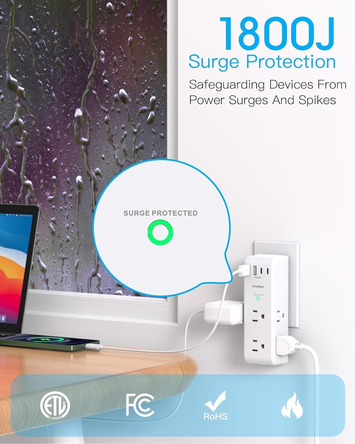 Surge Protector Outlet Extender - with Rotating Plug, 6 AC Multi Plug Outlet ...