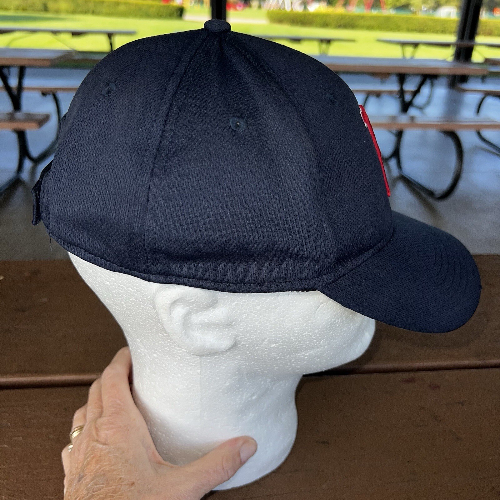 Boston Red B w White Outline on Navy Hat Cap Hook Loop Team MLB OC Sports