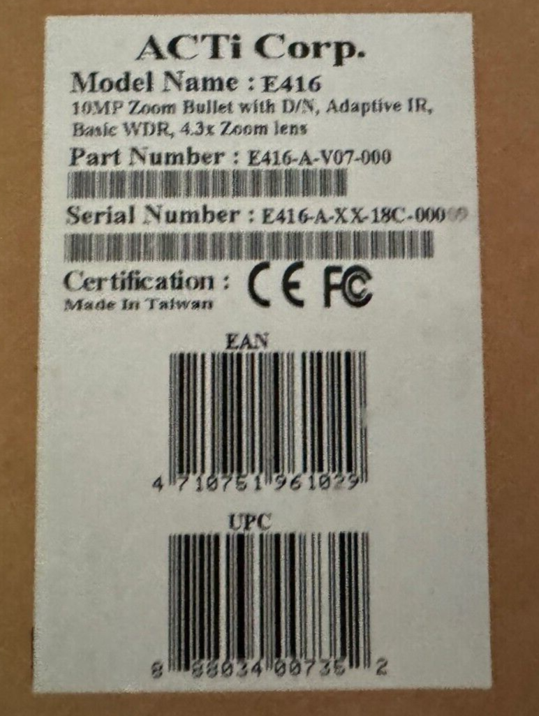 ACTi Zoom Bullet Camera, Model E416-New