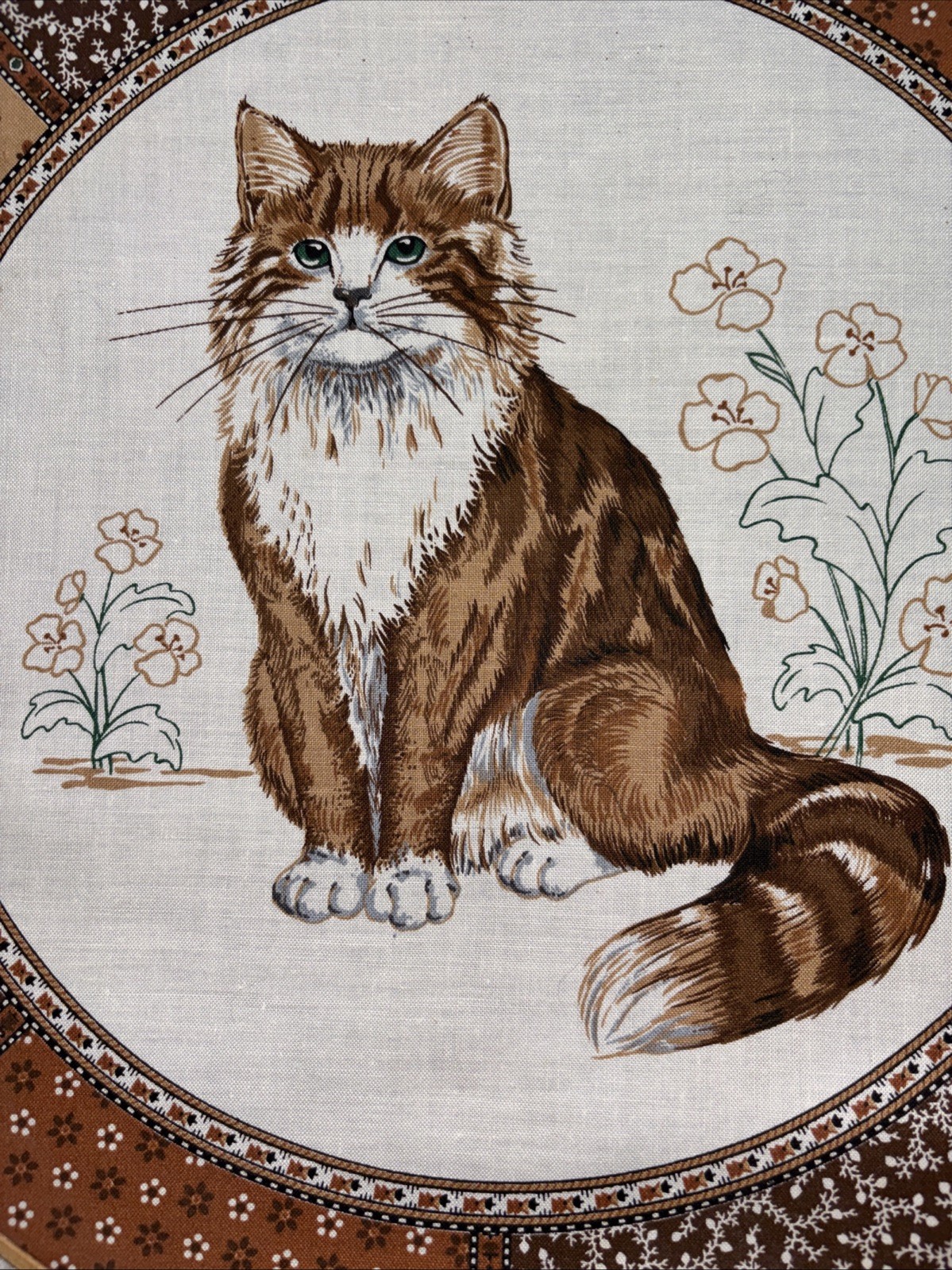 Vintage Large Embroidery Hoop Cranston Cat Print With Lace Trim. . 14.5 inches.